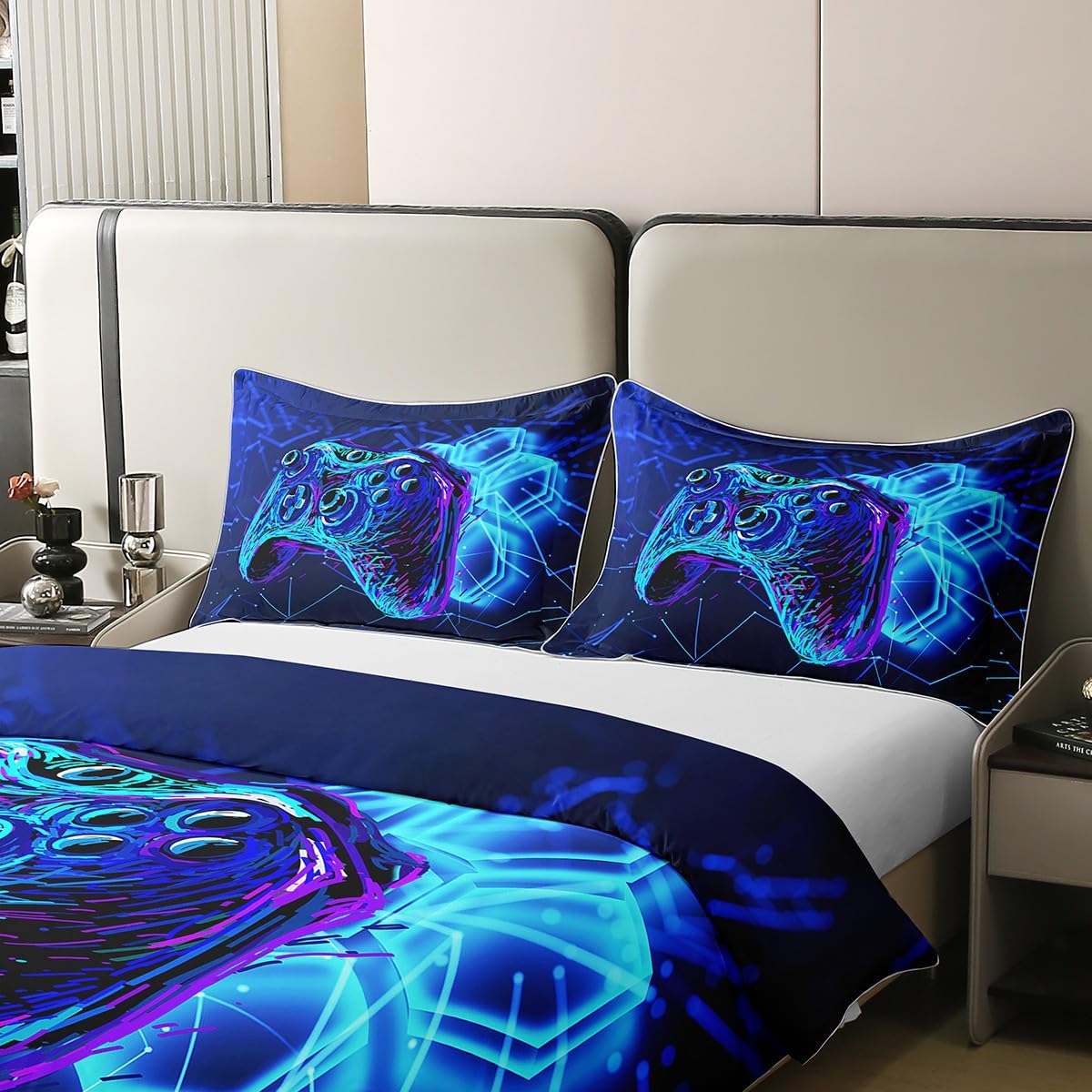 Loussiesd Funda nórdica para niños, diseño de mando de videojuegos azul, decoración moderna para adolescentes y adolescentes, 135 x 200 cm, 100% algodón puro