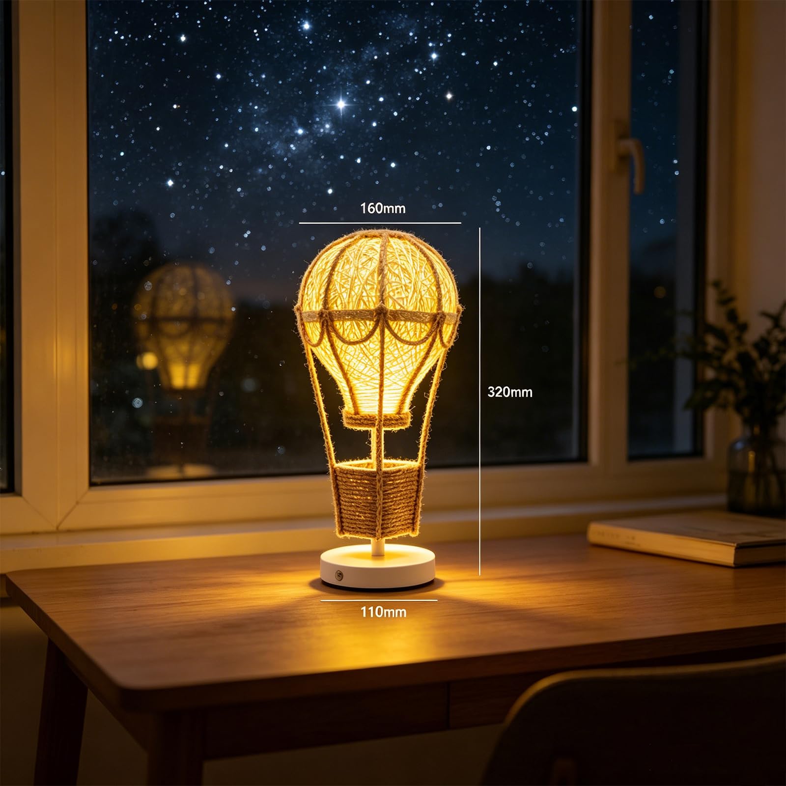 Lampka stołowa w kształcie balonu na gorące powietrze, dotykowa ściemniana lampka nocna z rattanu, lampka dekoracyjna z ciepłym światłem USB-C do pokoju dziecięcego i niemowlęcego, dbająca o oczy, do