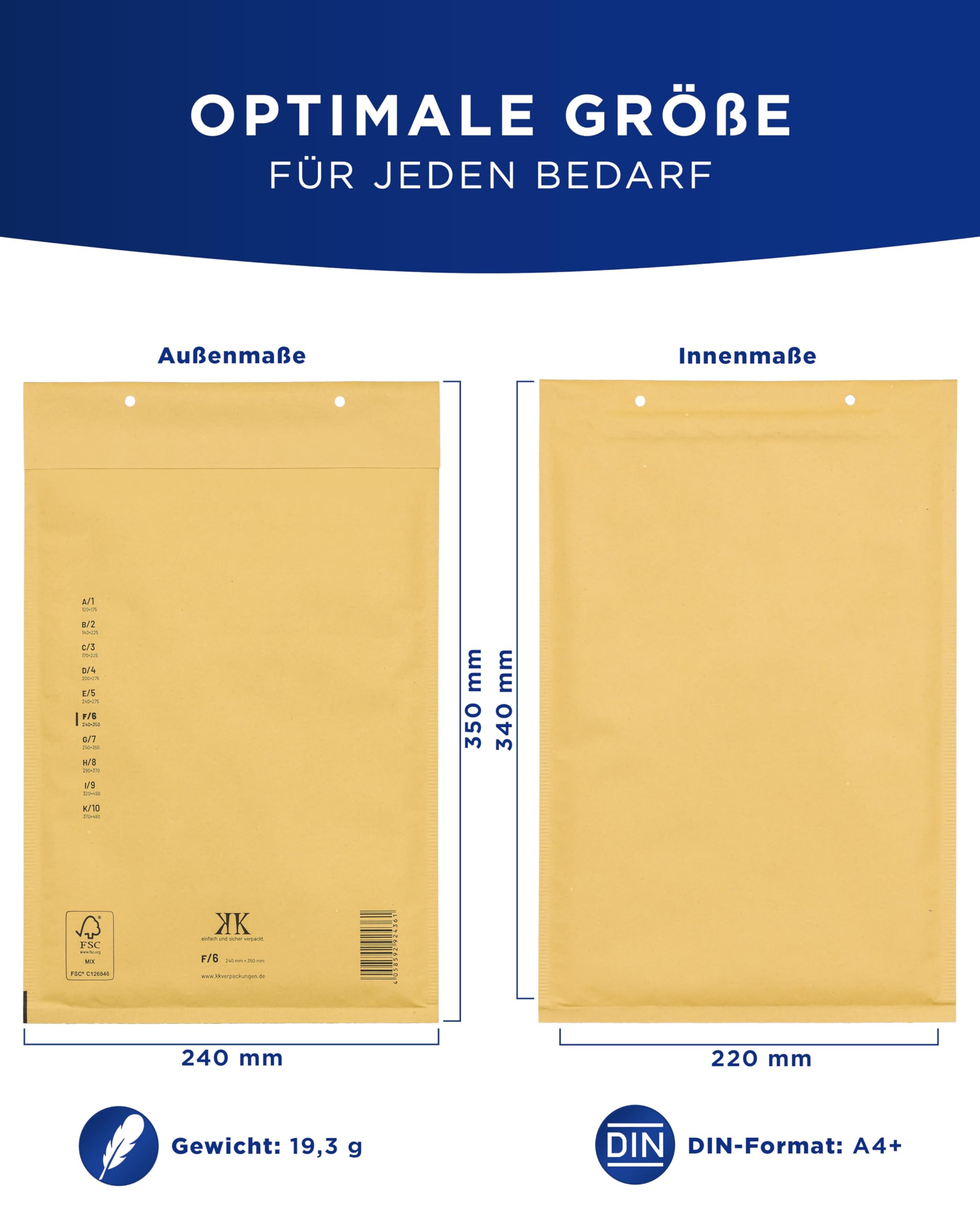 KK Verpackungen 300x Luftpolster-Versandtaschen F6 F/6 240 x 350 mm (Außenmaß) in Braun | Luftpolsterumschläge Luftpolstertaschen selbstklebend für DIN A4+