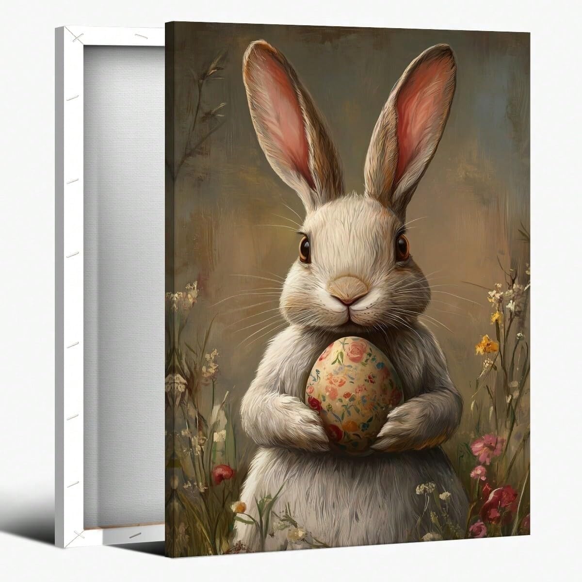 AIHNBF Encantador conejo de Pascua lienzo con huevo de flores – lindo conejo blanco estampado animal para decoración de primavera y vacaciones, 50 x 75 cm