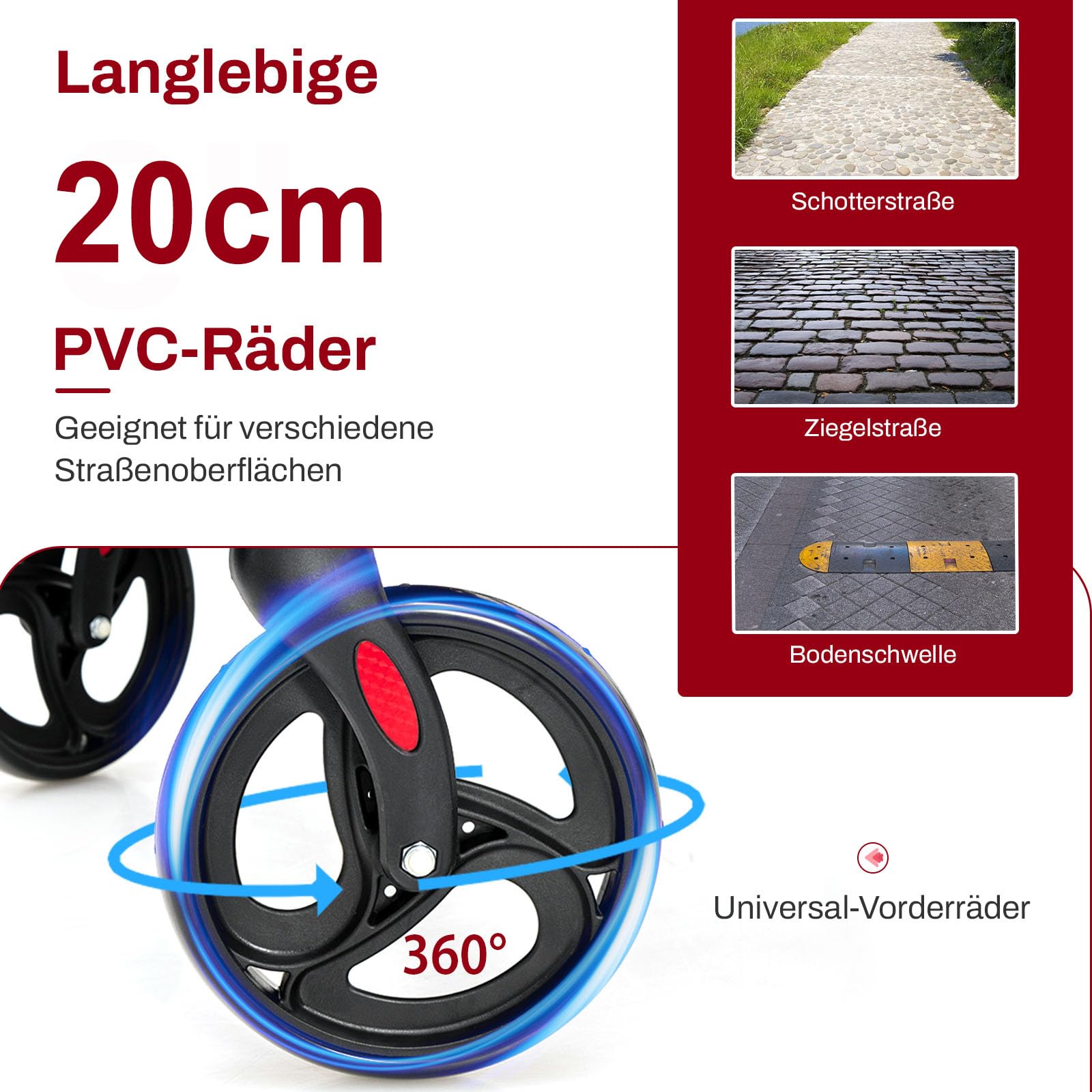 COSTWAY Rollator faltbar und leicht mit Sitz, 2 in 1 Rollstuhl & Reiserollator, Gehhilfe 6-fach höhenverstellbar, Gehwagen mit Tasche & Bremse & Stockhalter, Aluminium, klappbar für Senioren (Rot)