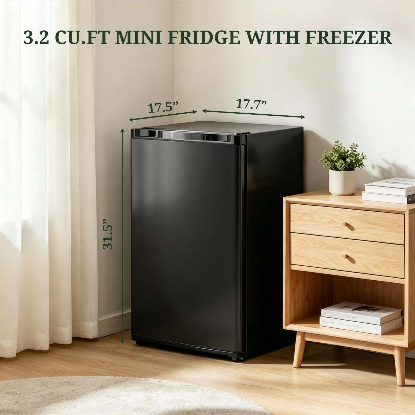 Mini Fridge with Freezer, 3.2 Cu.Ft Compact Single Door Refrigerator with Adjustable Thermostat, Low Noise & Energy Efficient (0.41kWh/Day), Small Fridge for Bedroom, Dorm, Office, Apartment (Black) - 2