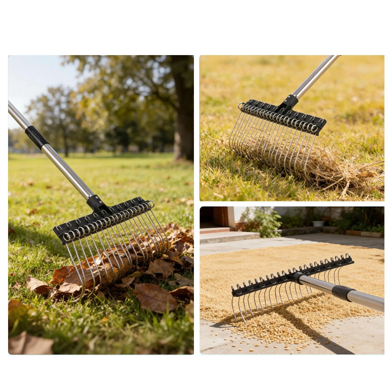 Rechen Für Rasen Schwerlast - Breite Stahlzinken Mit Ca. 98-160 cm Langem Stiels | Breitzahn Rasenrechen Aus Federstahl | Für Gras Laub Gartenarbeit Rasenflächen Sträucher Und