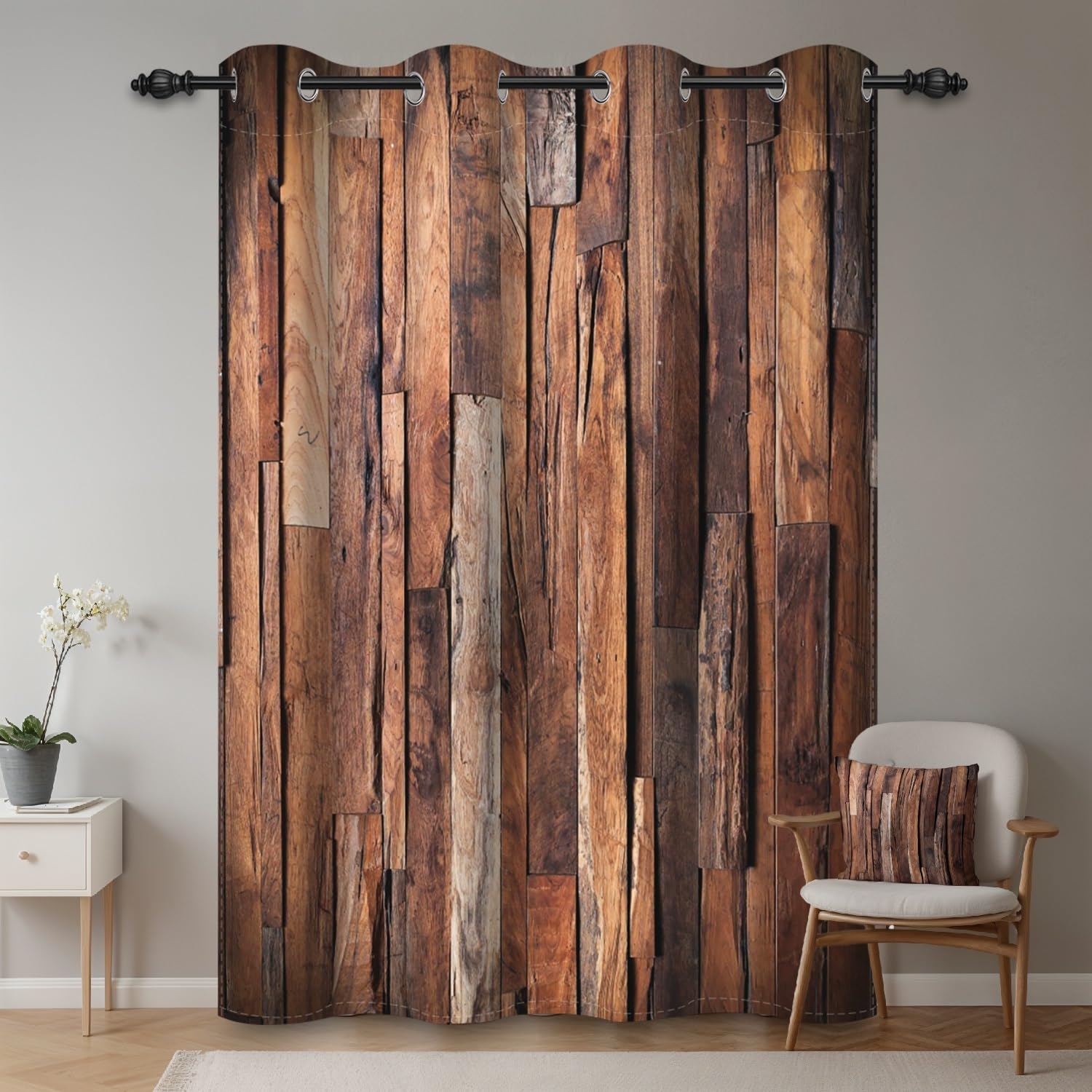 132x214cm Tenda con occhielli Legno rustico Retro Marrone Texture di legno Parete in legno Stile rustico Campagna Oscurante Tende per finestre Camera da letto Soggiorno,1 pannello singolo