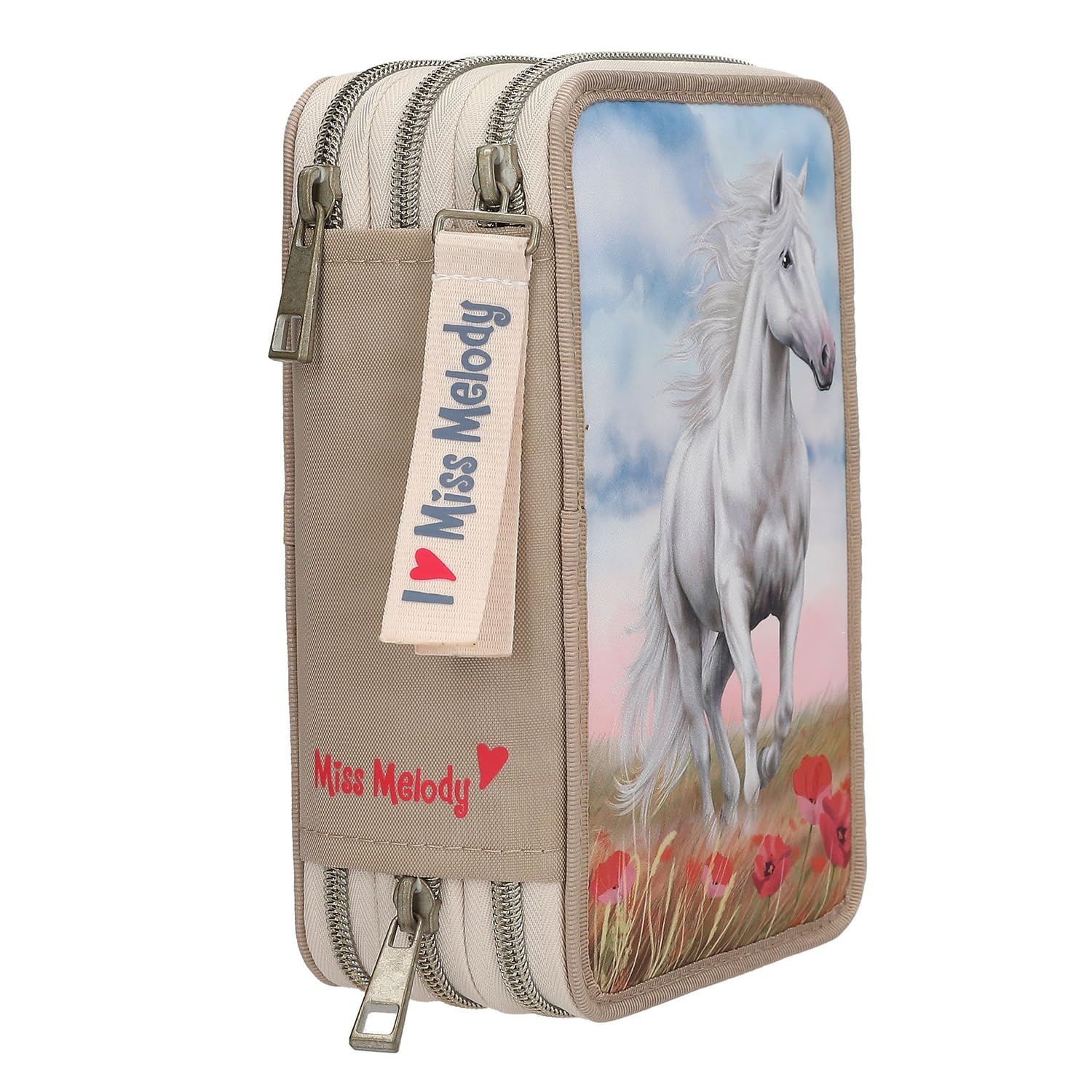 Depesche 13341 Miss Melody Poppy Sand - Trousse à Crayons 3 Compartiments remplie en Beige, avec Motif de Chevaux et de Coquelicots, Trousse à Crayons avec Crayons de Couleur et Bien Plus Encore