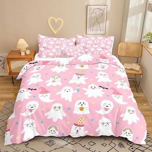 Miniatura 8 de Ropa de cama rosa de Halloween, tamaño Queen, 3 piezas, juego de funda de edredón de fantasmas de dibujos animados, Halloween, lindo diseño de