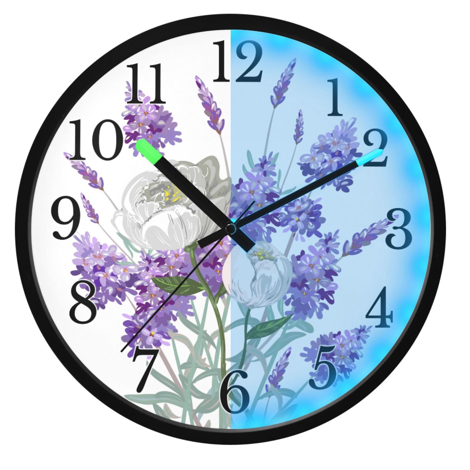Mnsruu Reloj de pared luminoso, color morado, lavanda, blanco, camelia, reloj de pared que brilla en la oscuridad, funciona con pilas, 12 pulgadas, silencioso, sin tictac, luz nocturna para dormitorio