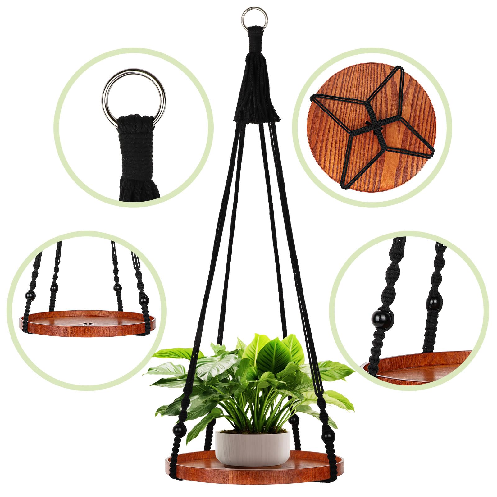 E-Know Lot de 2 supports de plantes en macramé pour plantes d'intérieur à suspendre – Support décoratif pour pot de fleurs – Cintres en coton faits à la main avec plateau en bois