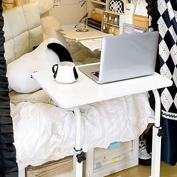 Height Adjustable Mobile Table with Wheels, Portable Laptop Tables Workstation Laptop Overbed TV Tray, Rolling Bedside Sofa Side Desk, C‑Shape Table for Home Hospital Couch S & White
