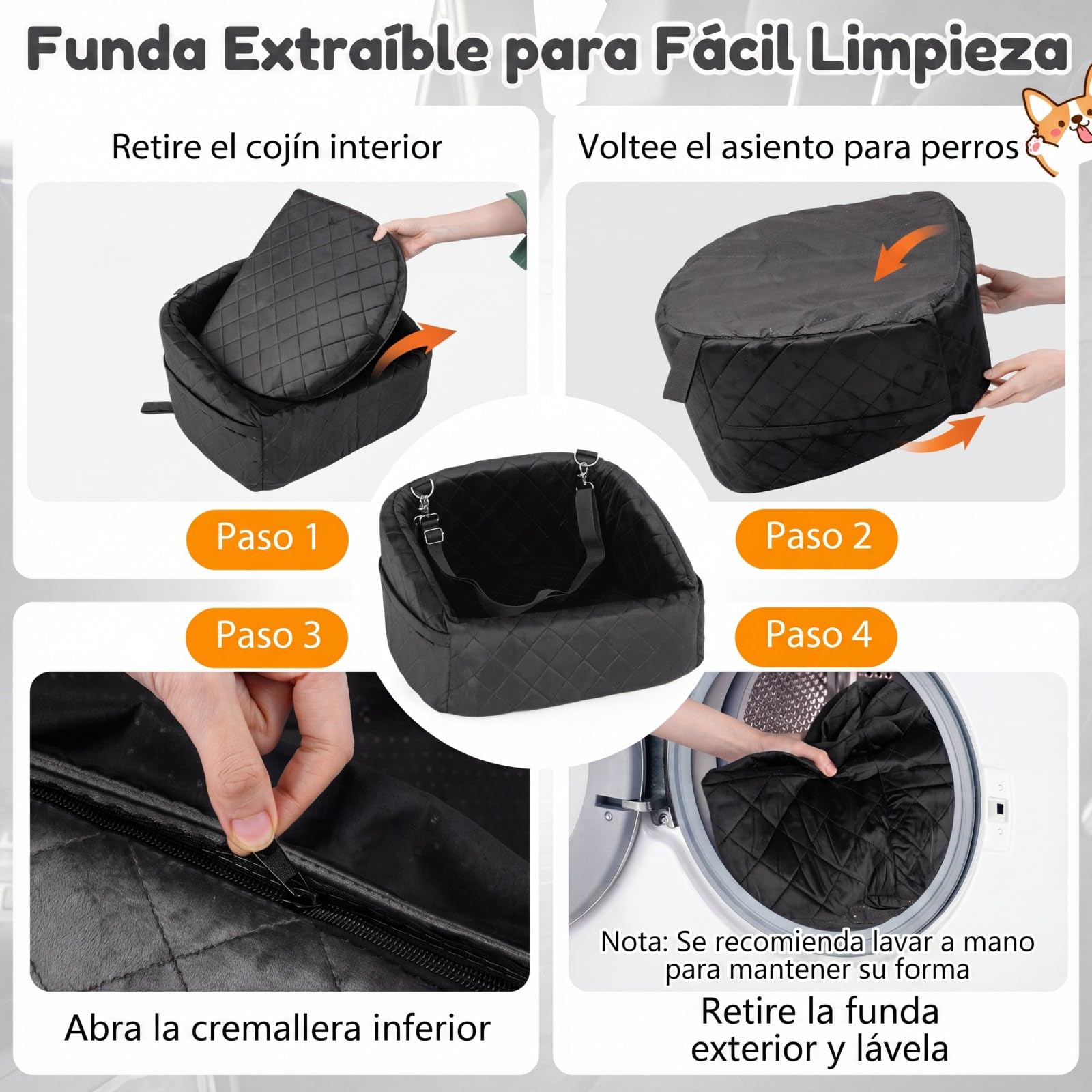 COSTWAY Asiento de Coche para Perros Pequeños y Medianos, Transportín Perro Coche con Correa de Seguridad, Bolsillos de Almacenaje, Base Antideslizante y Funda Lavable, 50 x 46 x 30 cm (Negro)