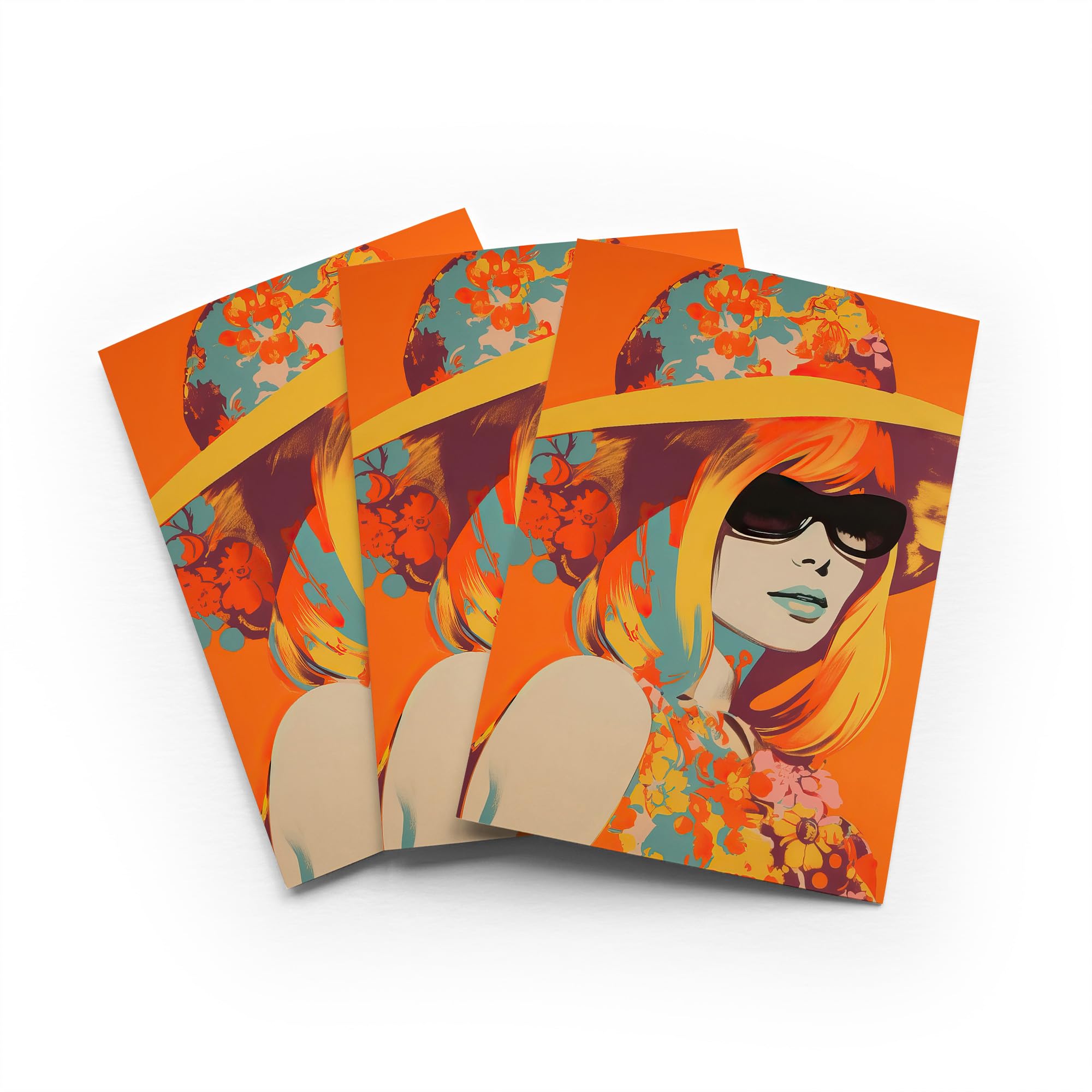 Flower Power Portrait Greeting Card 1960s Retro Any Occasion Set of 3 Blank Inside 5x7 Inch 13x18 cm