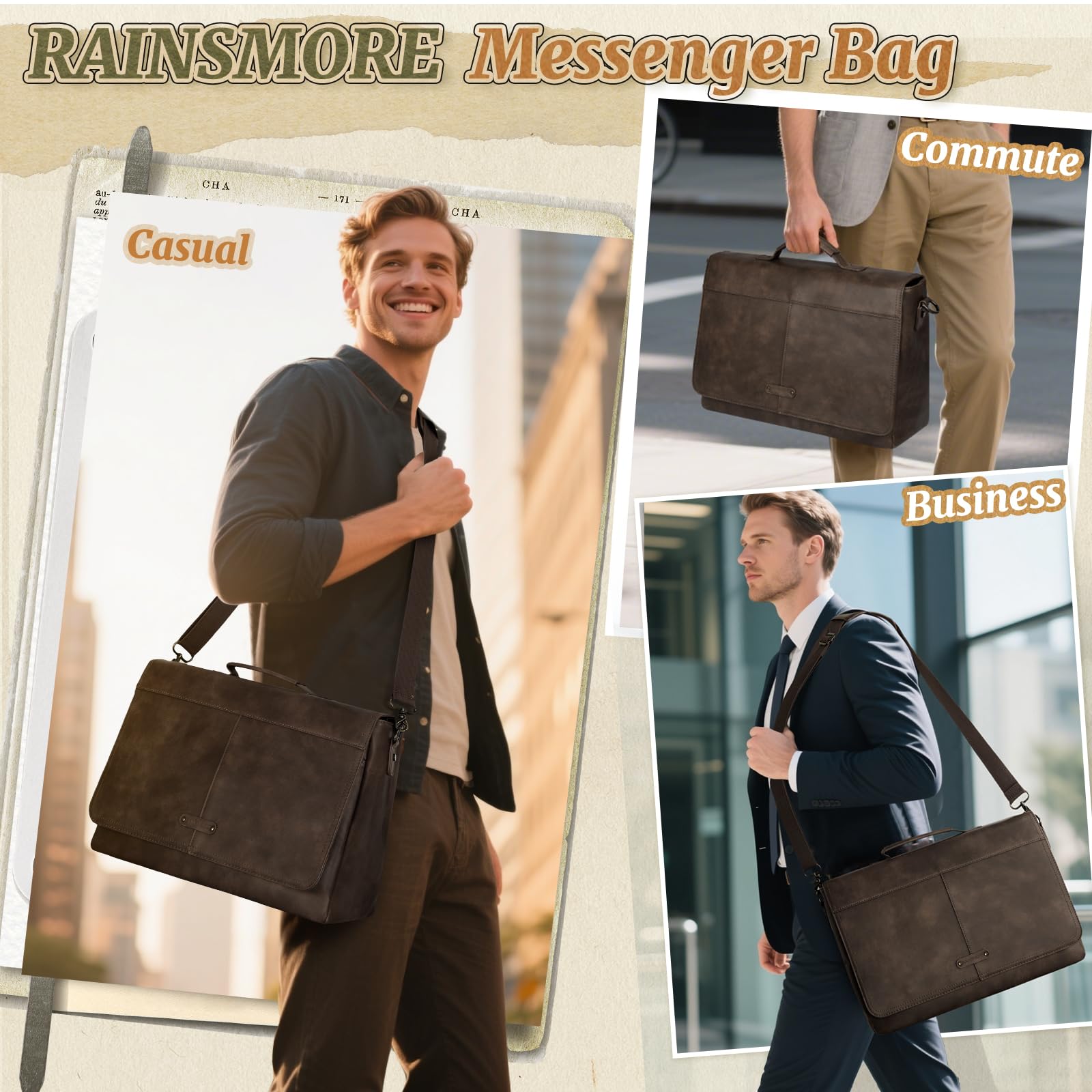 RAINSMORE Aktentasche Herren 15,6 Zoll Laptoptasche Wasserdicht - Business Messenger Bag Herren Umhängetasche aus PU Leder - Vintage Arbeitstasche & Schultertasche für Büro & Uni