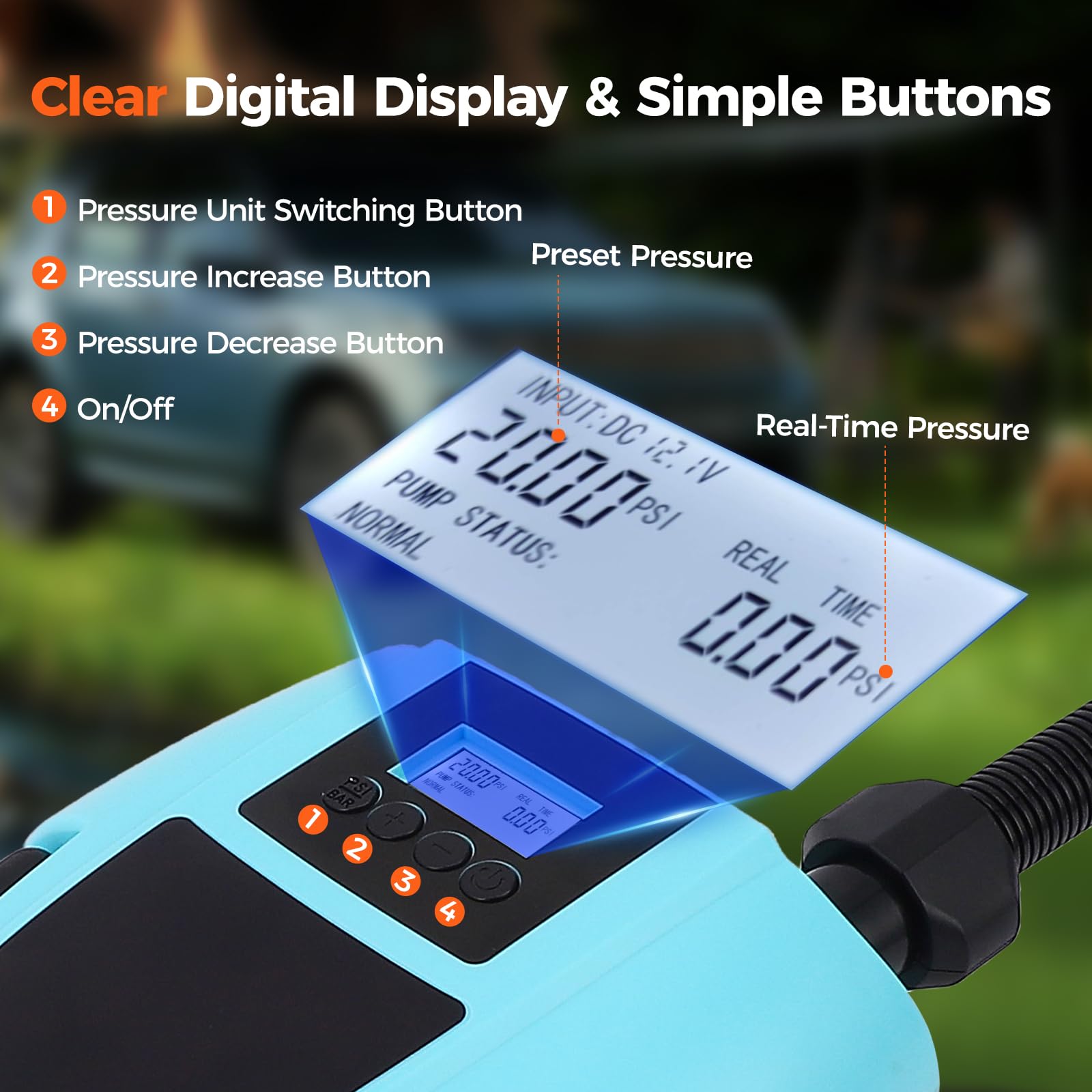 Pompa Elettrica per SUP, 12V con Spegnimento Automatico, Pressione Regolabile fino a 20 PSI e Display Digitale – Pompa ad Aria Elettrica con 7 Ugelli per Barche, Materassini, Piscine e Gommoni