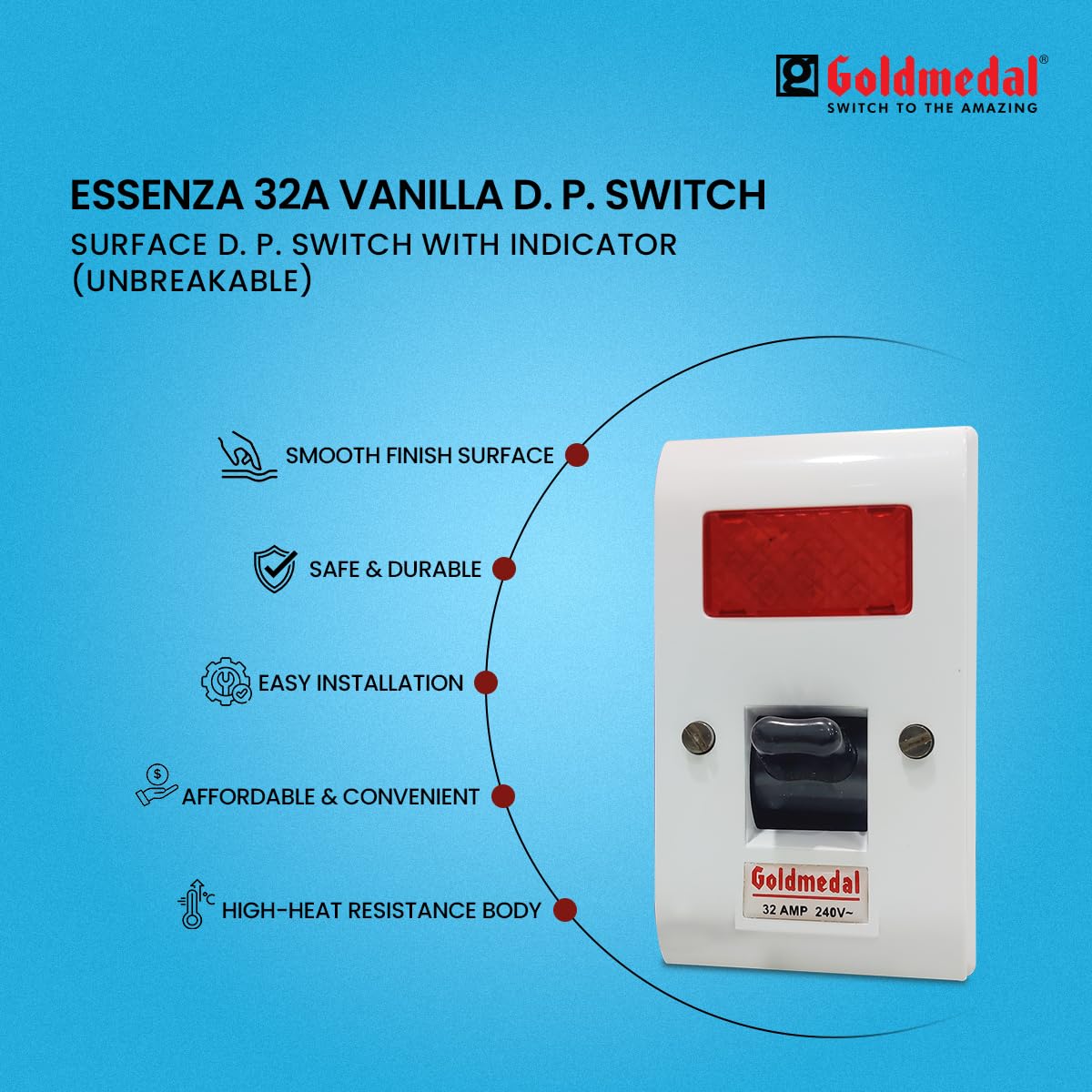 Goldmedal Essenza Surface D. P. Switch With Indicator - White (Pack of 1) 3