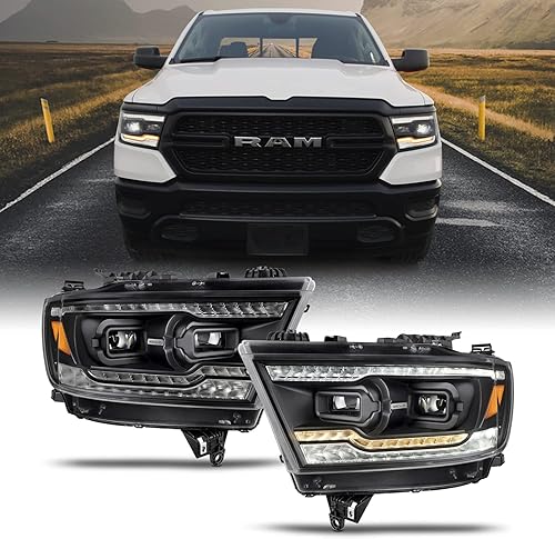 AKKON - Compatible con Dodge RAM 1500 modelo halógeno 2019-2024 con proyector dual actualizado + faros de barra de luz secuencial LED completo-