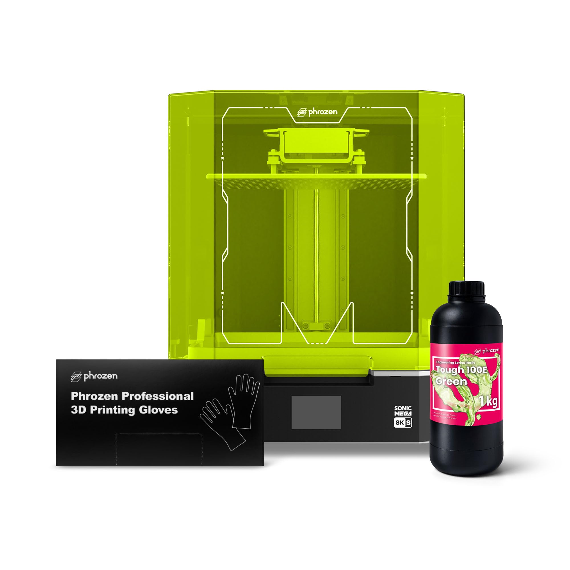 Phrozen Sonic Mega 8K S Bundle avec Tough 100E Verte 1 kg et Gant 3D