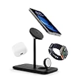 HiRise 3 Deluxe, Compact Luxury Wireless Magsafe Charging Stand for iPhone, AirPods and Apple Watch - Includes US Power Supply with 5 Foot Cord, Plus International Plug Adapters, Black