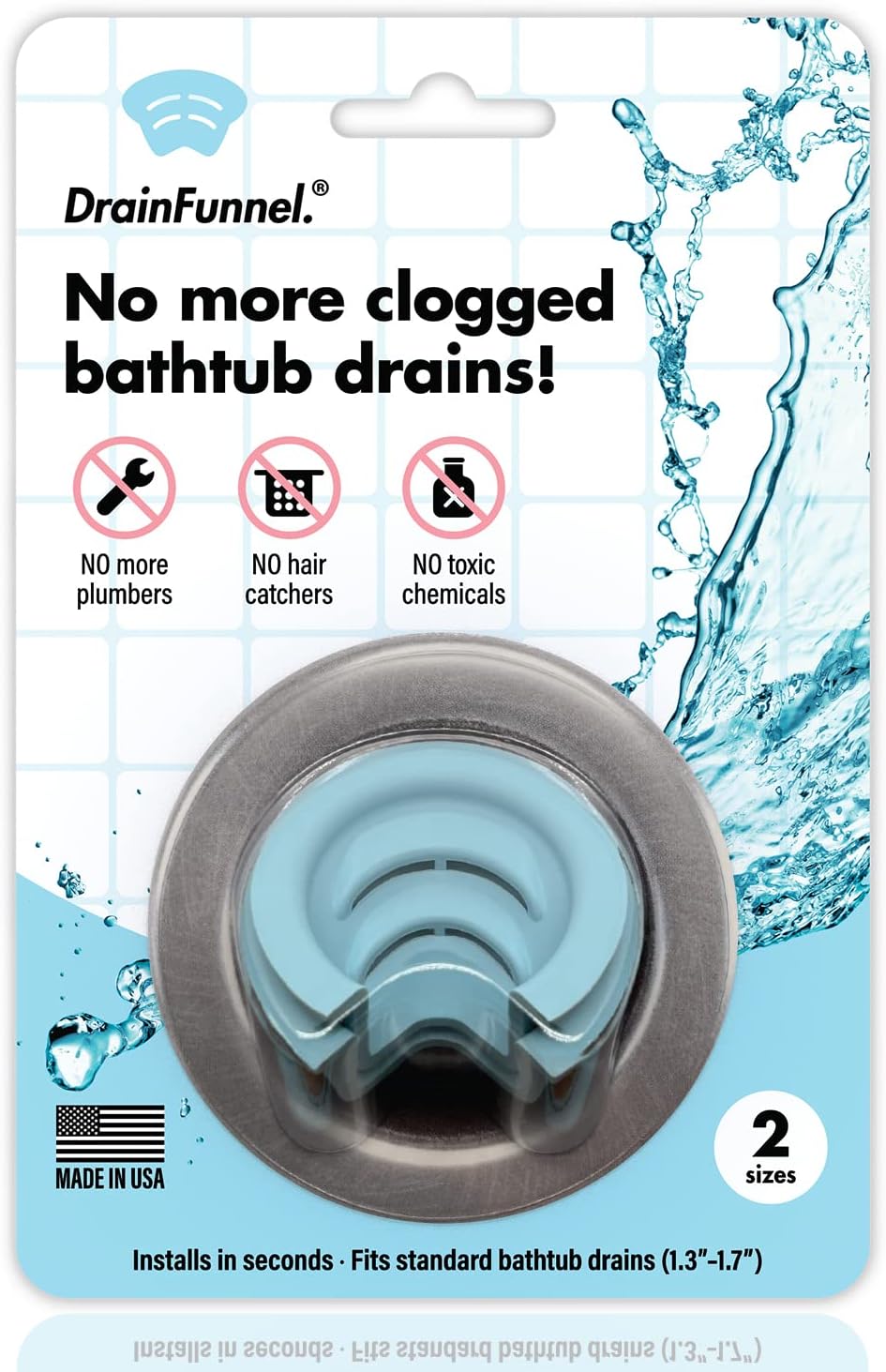 DrainFunnel Bathtub Drain Funnel for Hair Clog Prevention, 2 Size Pack