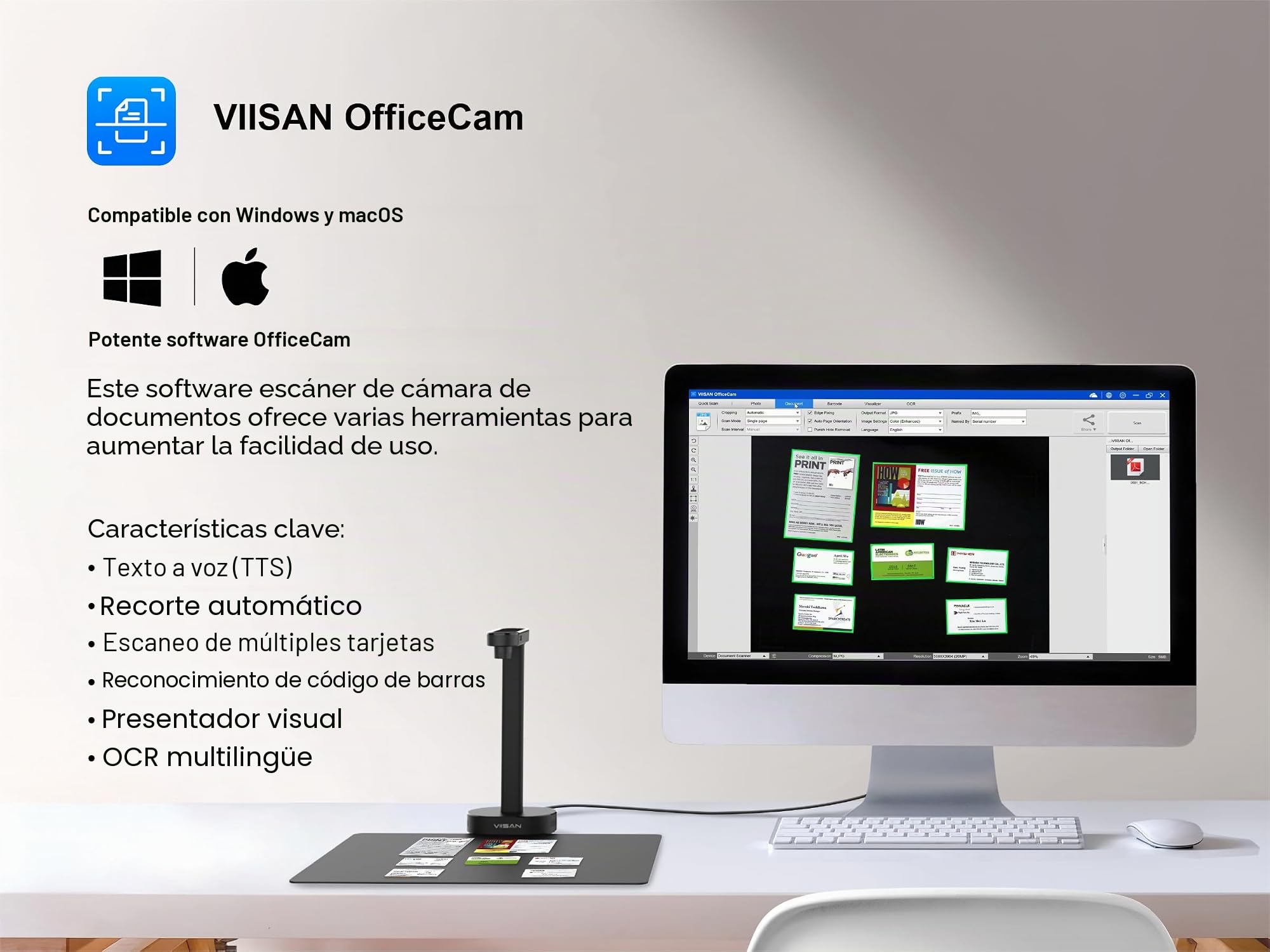 VIISAN Escáner de documentos, USB de 16 MP, tamaño de grabación A4, Deskewing, escaneo de documentos de varias páginas, tecnología OCR y TTS, funciona con Windows y MacOS