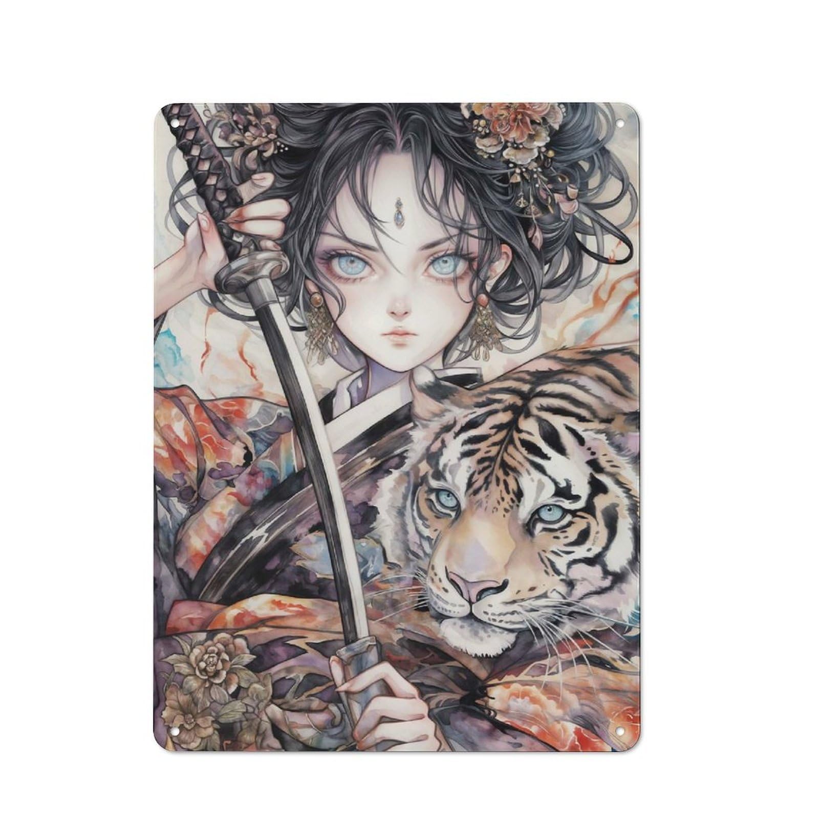 Tiger Geisha Metal Wall Plaque 40x30cm, Character Room Wall Plaque for Hallway, Home Bar, Garage Or Study