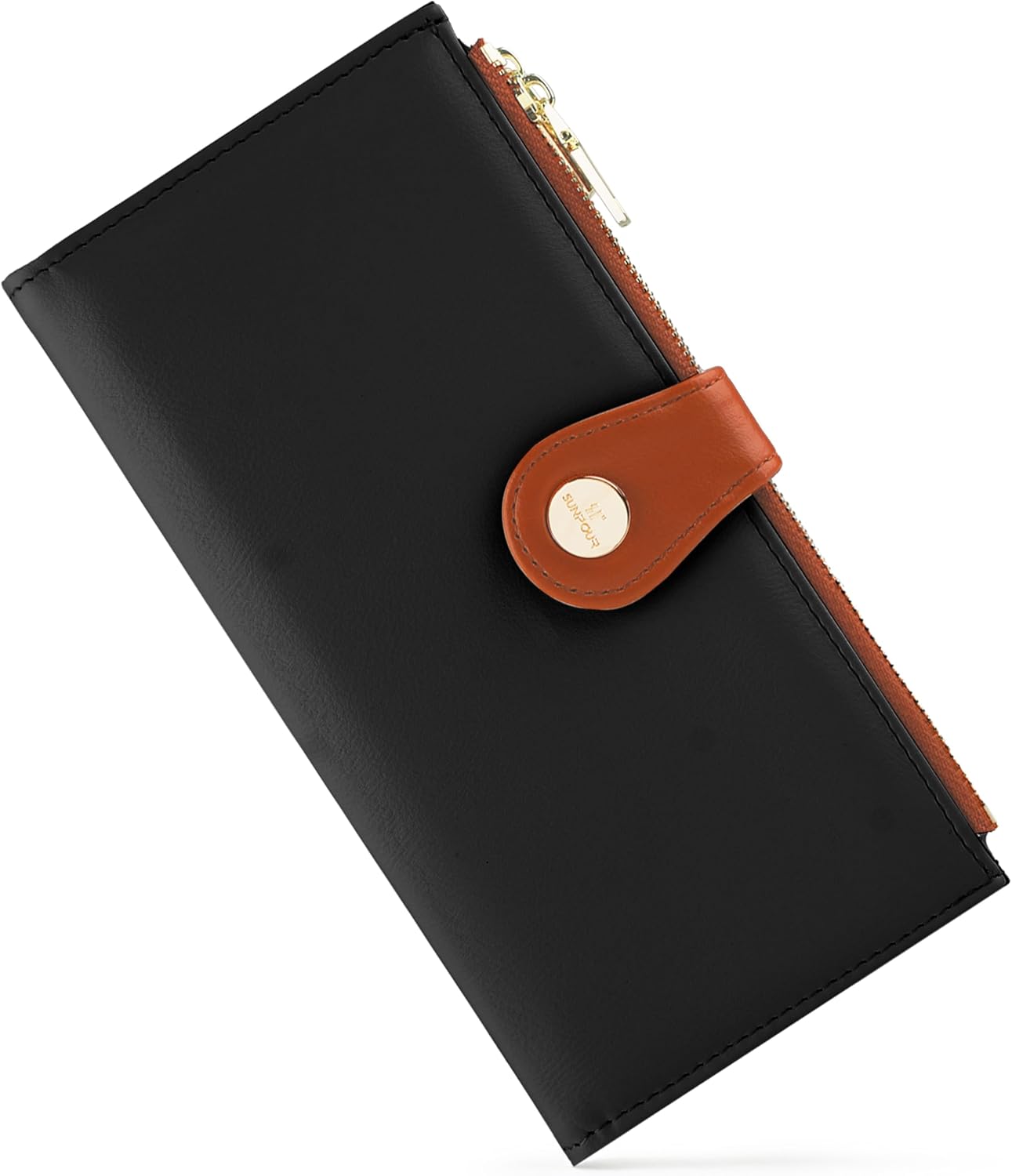 Sunpour Women’s Wallet,Thin RFID Blocking Leather Wallet for Women Credit Card Holder Travel Wallet with Zipper Pocket (Dark Black&Brown)