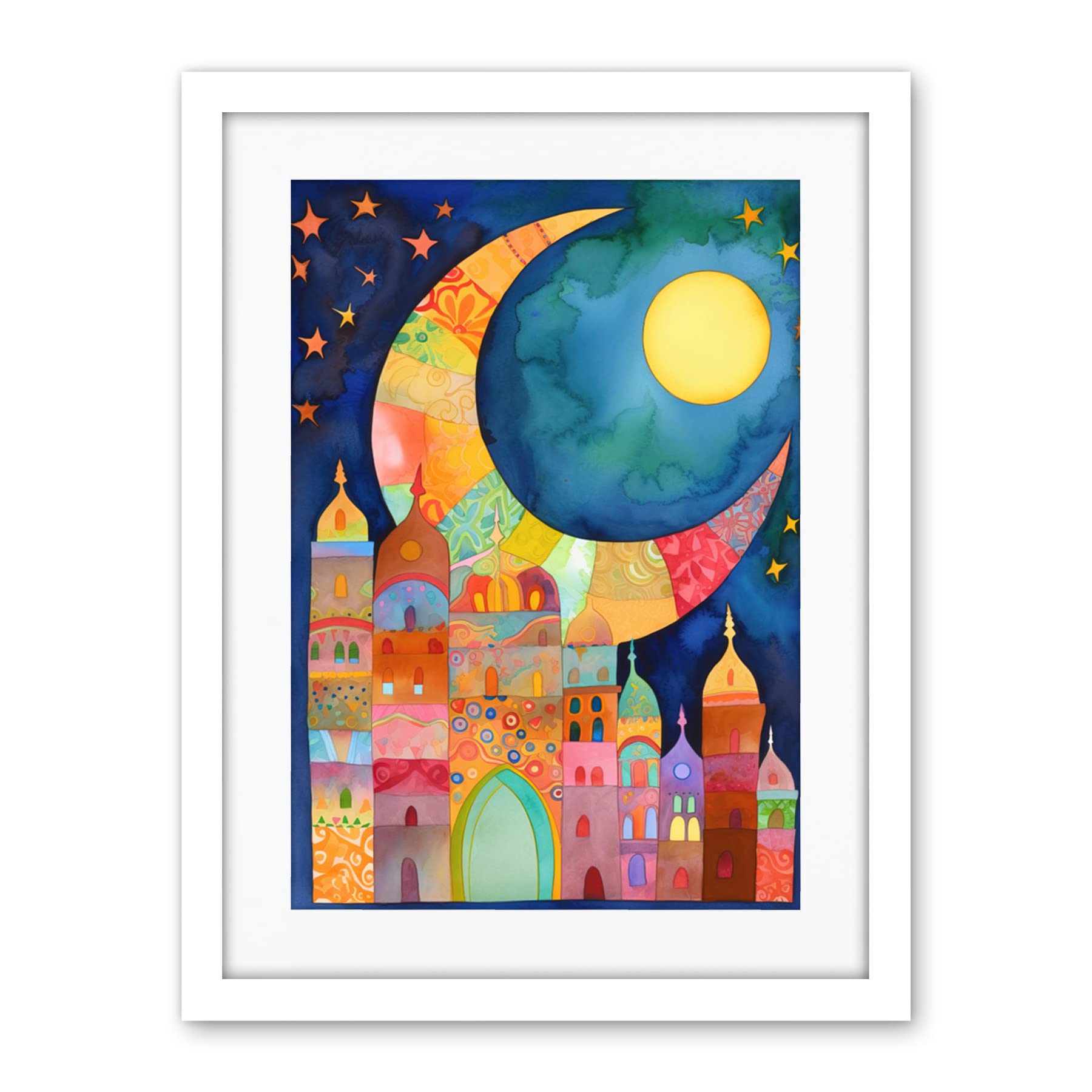 Artery8 Eid Crescent Moon Cityscape Folk Art Watercolour Painting Artwork Framed Wall Art Print 18X24 Inch