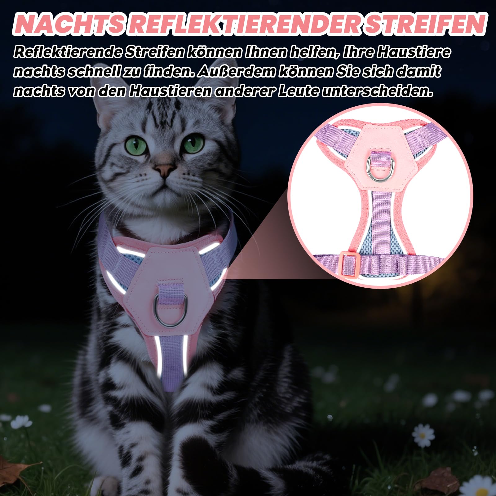 Uprząż dla kota ze smyczą, zabezpieczona przed ucieczką, regulowana kamizelka dla kotów, uprząż na klatkę piersiową z odblaskowymi paskami i oddychającą siateczką, miękka uprząż dla kotów, szczeniaków