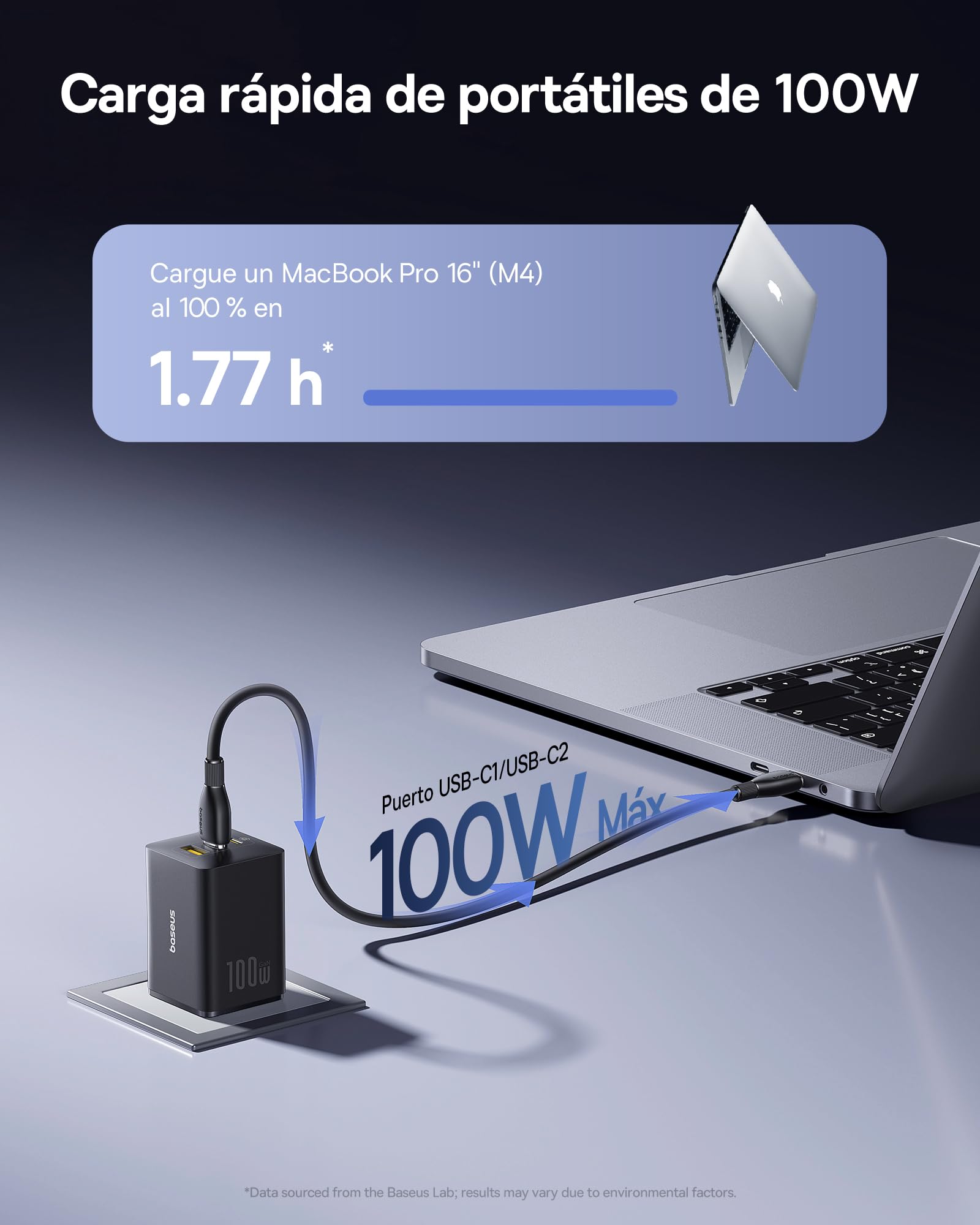 Baseus Enerfill Cargador USB C 100W, 3 Puertos USB C, PD con PPS, GAN Cargador Carga Rapida Compatible con MacBook Pro/Air, iPad Pro, iPhone 17/16/15/14/13 Serie, Galaxy S25/24, Pixel 9 8, Steam Deck