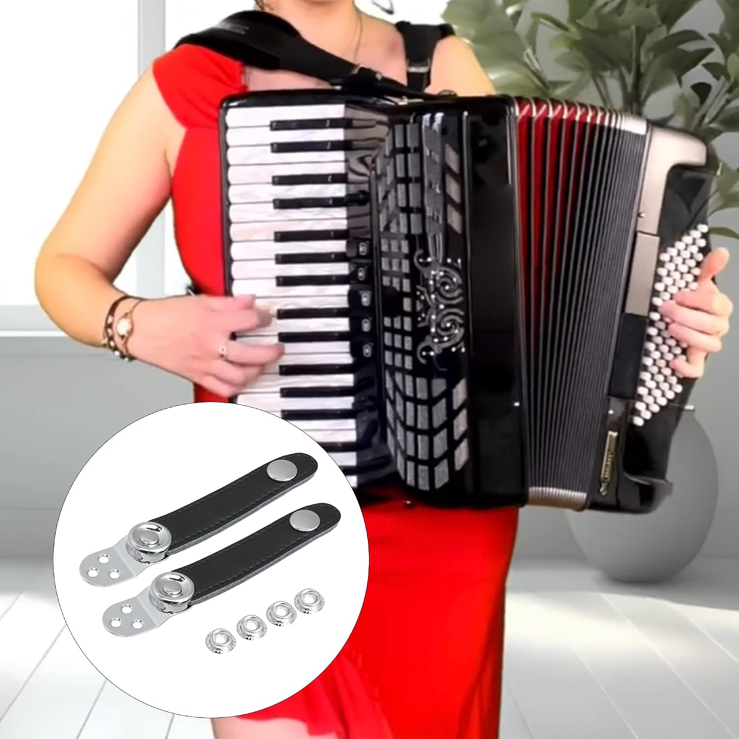 7.8x2.2cm Black Leather Accordion Bellows Straps with Metal Extension Film 4 Buckle Fit for Accordion