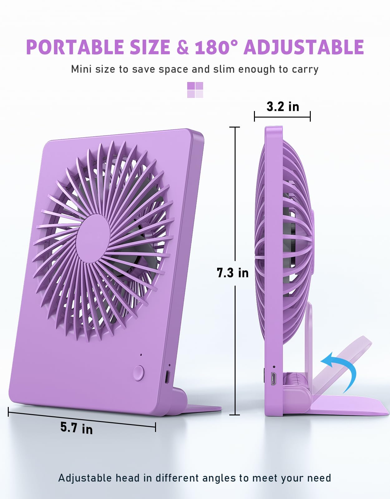 Zuvas Ventilatore da scrivania a batteria, ricaricabile, inclinabile a 180°, ultra silenzioso, piccolo, portatile, regolabile a 3 velocità, forte, ventilatore per ufficio, camera da letto, casa