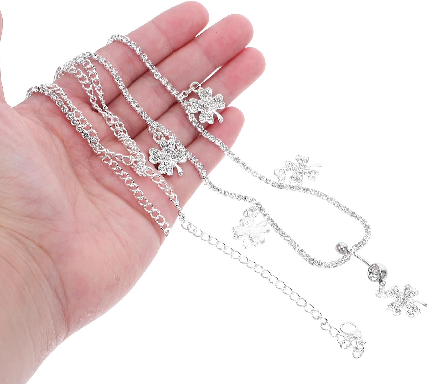 POPETPOP Rhinestone Belly Chain and Waist Body Jewelry with Clover Pendant Adjustable Women’s Navel Waist Chain for Beachwear and Summer Accessories