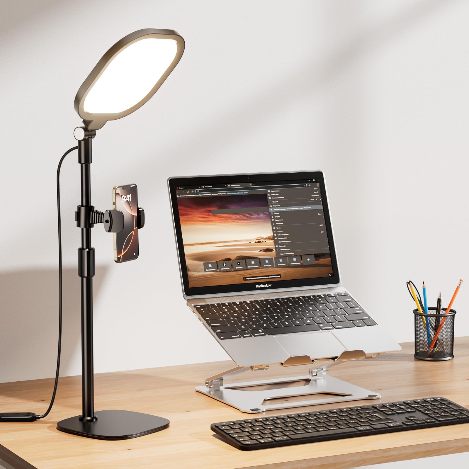 Lampe Anneau Vidéo LitONES pour Réunions Zoom - Éclairage de Bureau à Fixation PC/Téléphone avec Support - Lumière Dimmable pour Télétravail, Enregistrement, Appels Vidéo et Webcam
