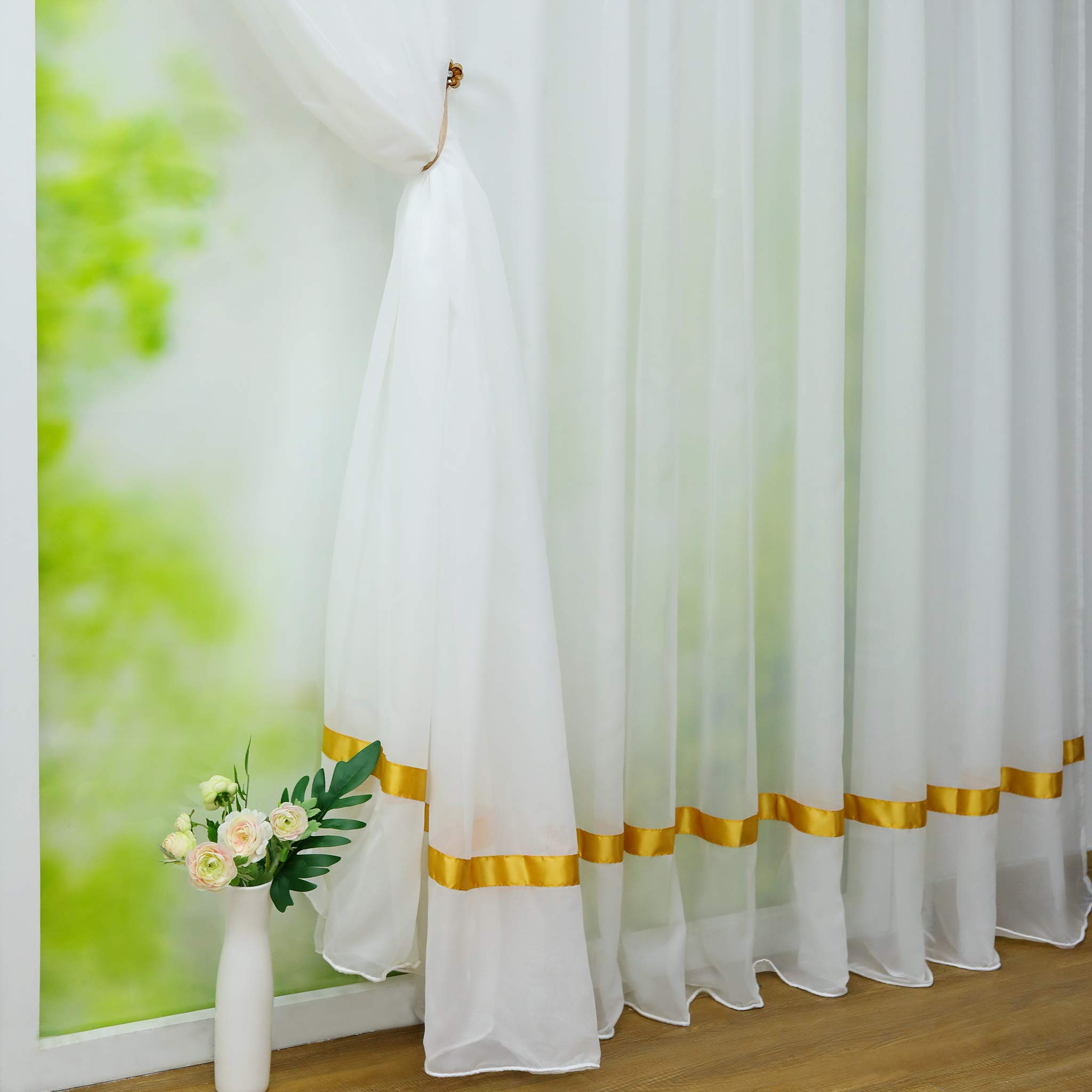 Tenda Voile Trasparente Con Nastri Di Raso Bianca 100x300 Cm - HongYa, Leggera E Lavabile In Lavatrice