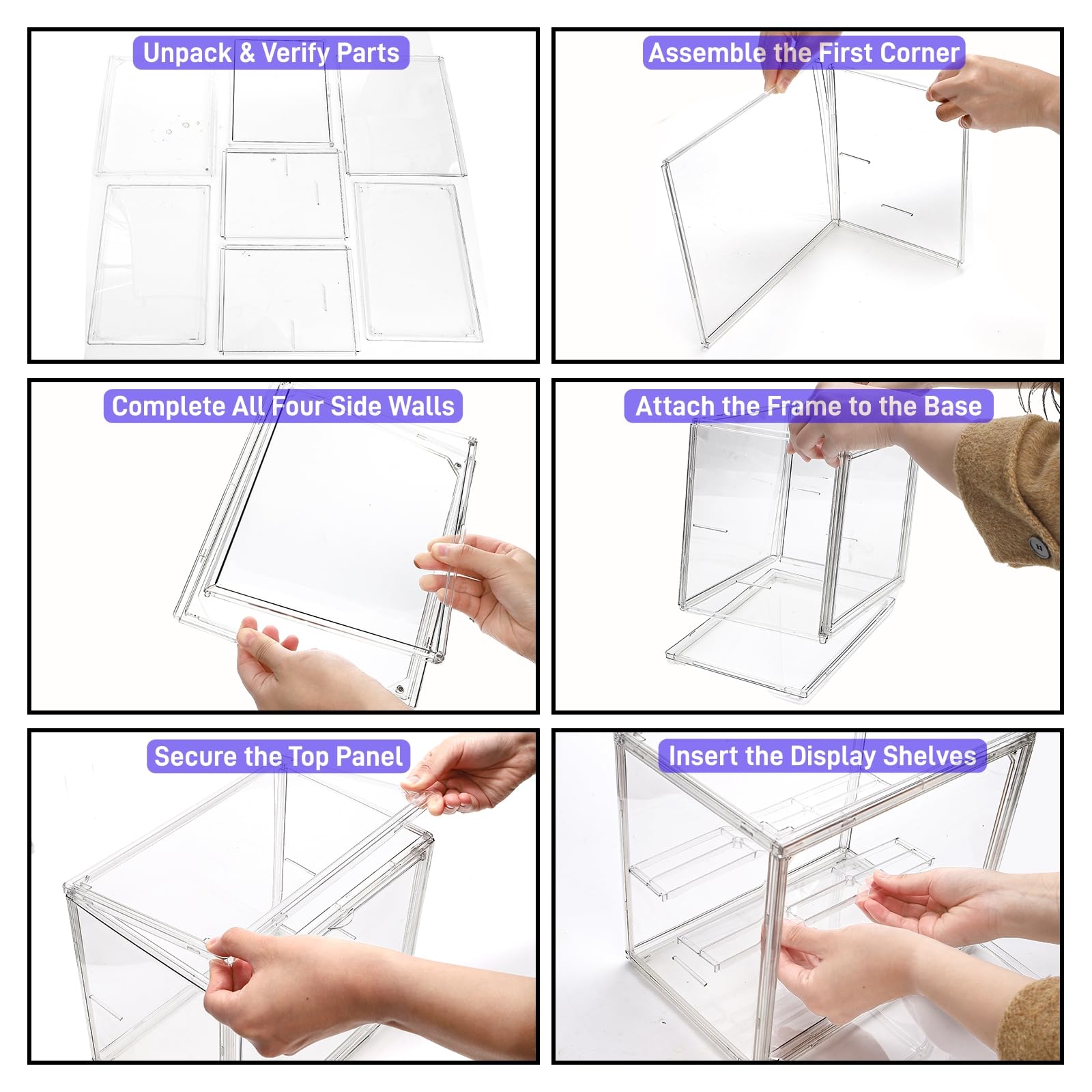 Paquete de 2 vitrinas acrílicas transparentes, caja de exhibición ajustable de 3 niveles, escaparate coleccionable con puerta magnética, estante de almacenamiento de figuras, organizador