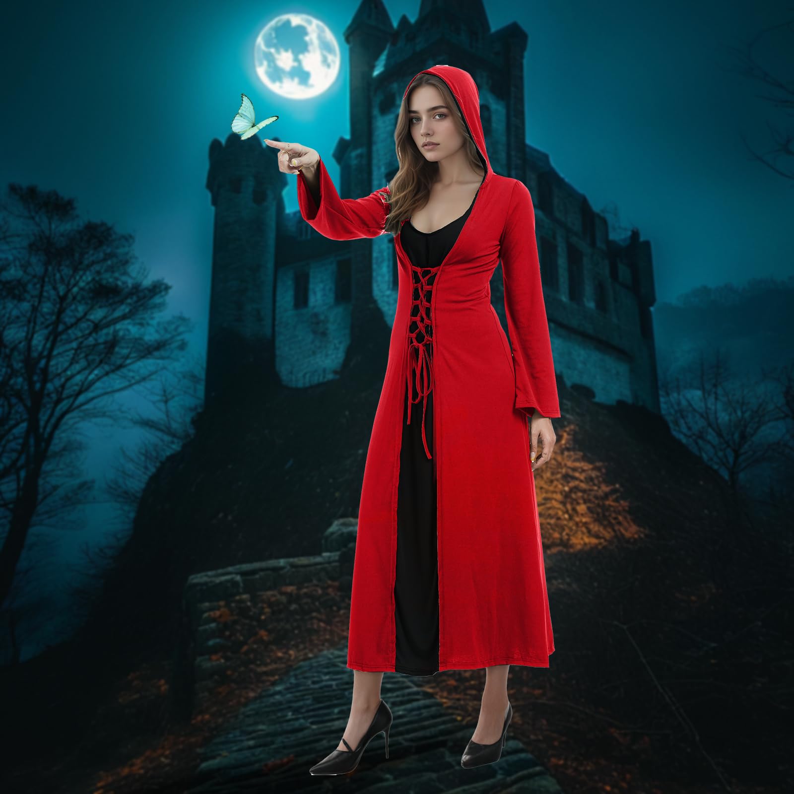 Damski kostium na Halloween, dla dorosłych, średniowieczny, z kapturem, sukienka maxi dla kobiet, modna szata Cosplay (M, czerwona i czarna)