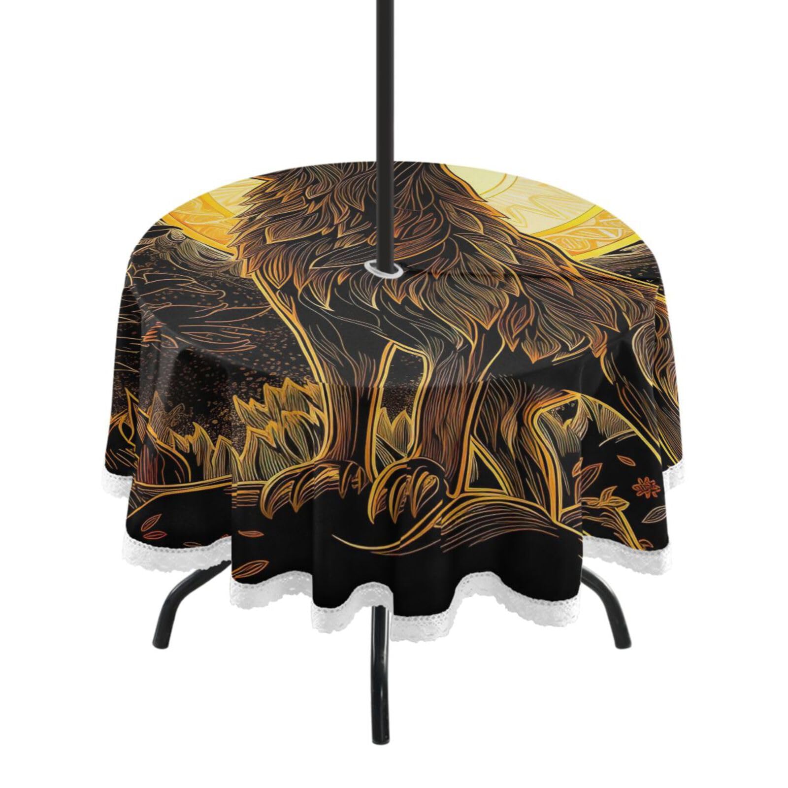 Wajiw 60 Inch Indoor Outdoor Round Tablecloth with Umbrella Hole and Zipper Waterproof Patio Table Cover for Camping Dining Room Party Outdoor Picnic,Wolf