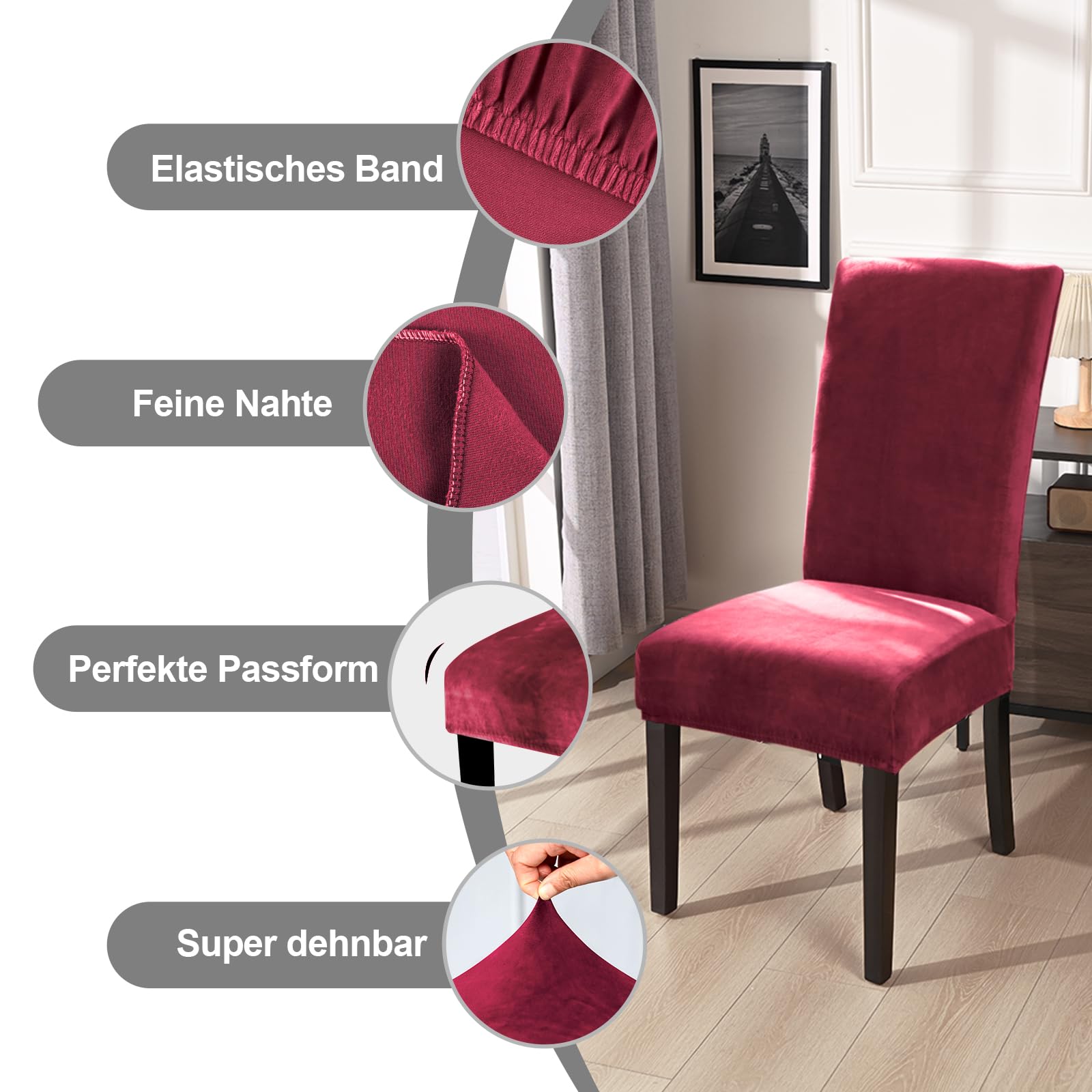 Alishomtll Stretch fluwelen stoelhoezen, set van 4/6, velours, schommelstoel, elastische hoezen, wasbare stoelen, bescherming voor keuken, restaurant, hotel, banket, bruiloft (grijs, 4 stuks