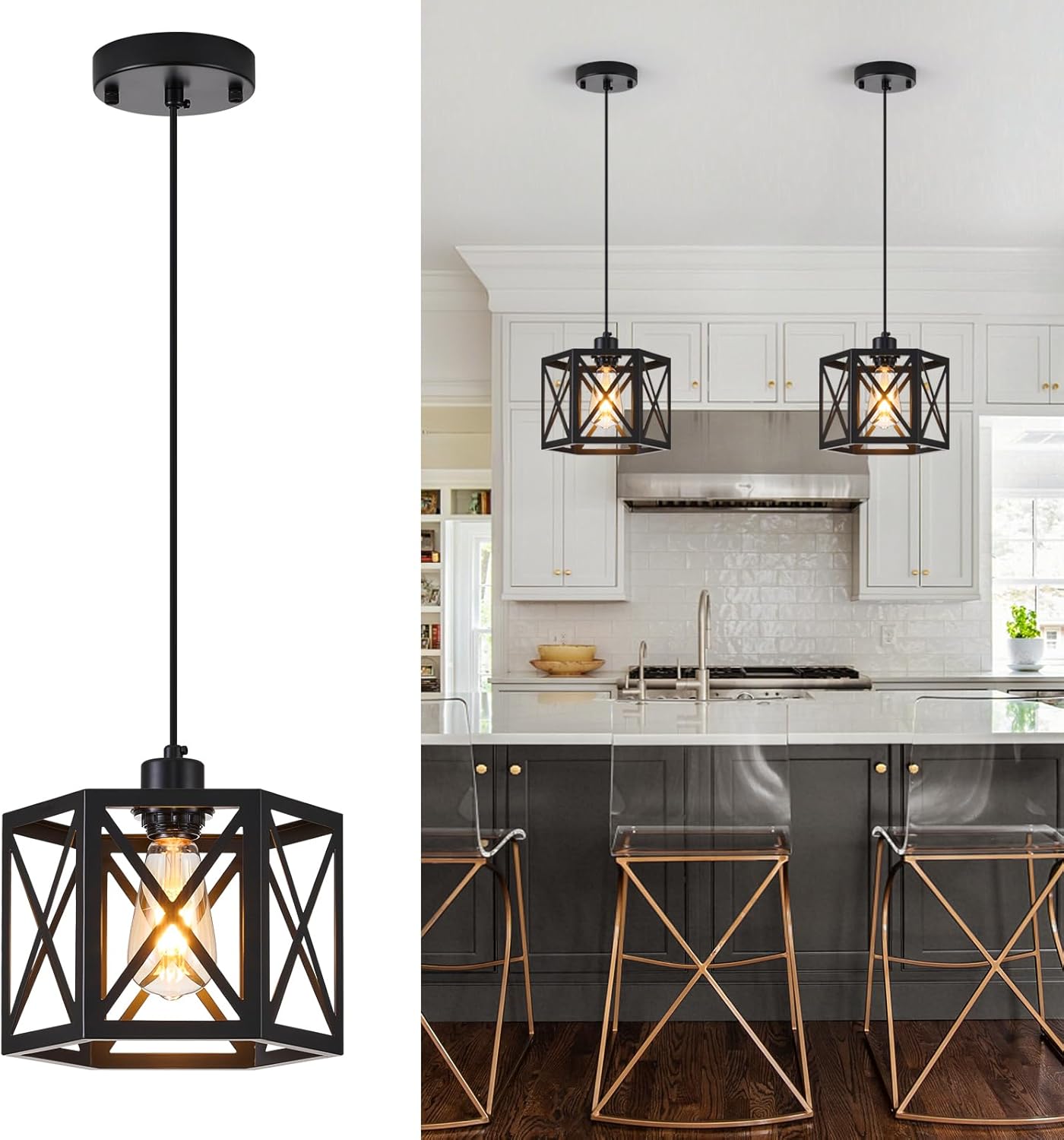 2 Pack Farmhouse Pendant Lights, Modern Black Hanging Light Fixture with Hexagonal Cage, Industrial Metal Ceiling Lights, Adjustable Lantern Pendant Lighting for Kitchen Island Sink Hallway