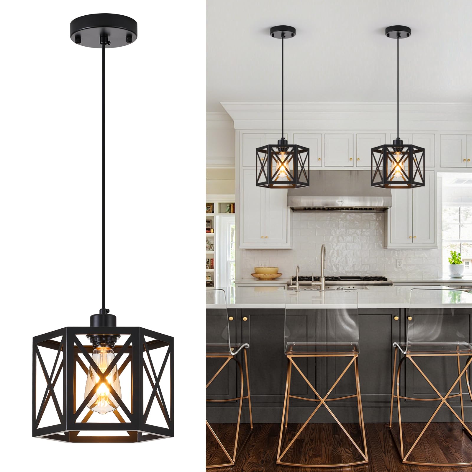 Photo 1 of XSDeTu Farmhouse Pendant Lights, 2-Pack Black Hexagonal Cage Ceiling Fixtures