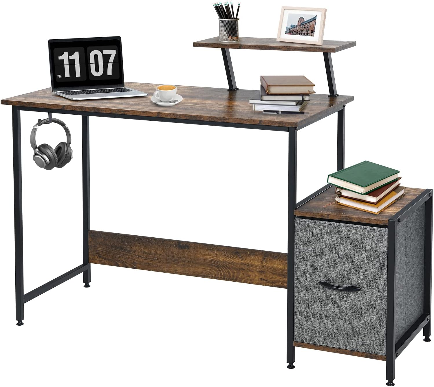 COSTWAY Computer Desk with Side Storage Drawer, Movable Monitor Stand and Hook, Industrial PC