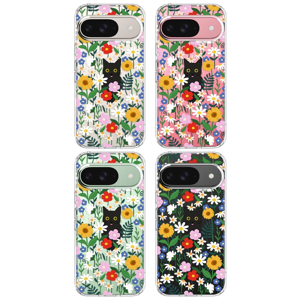 MOSNOVO Case for Google Pixel 9 & Pixel 9 Pro, [Buffertech 6.6ft Military-Grade Drop Protection] [Anti Peel Off Tech] Clear TPU Bumper Phone Case Cover Design - Black Cat in Garden - 4