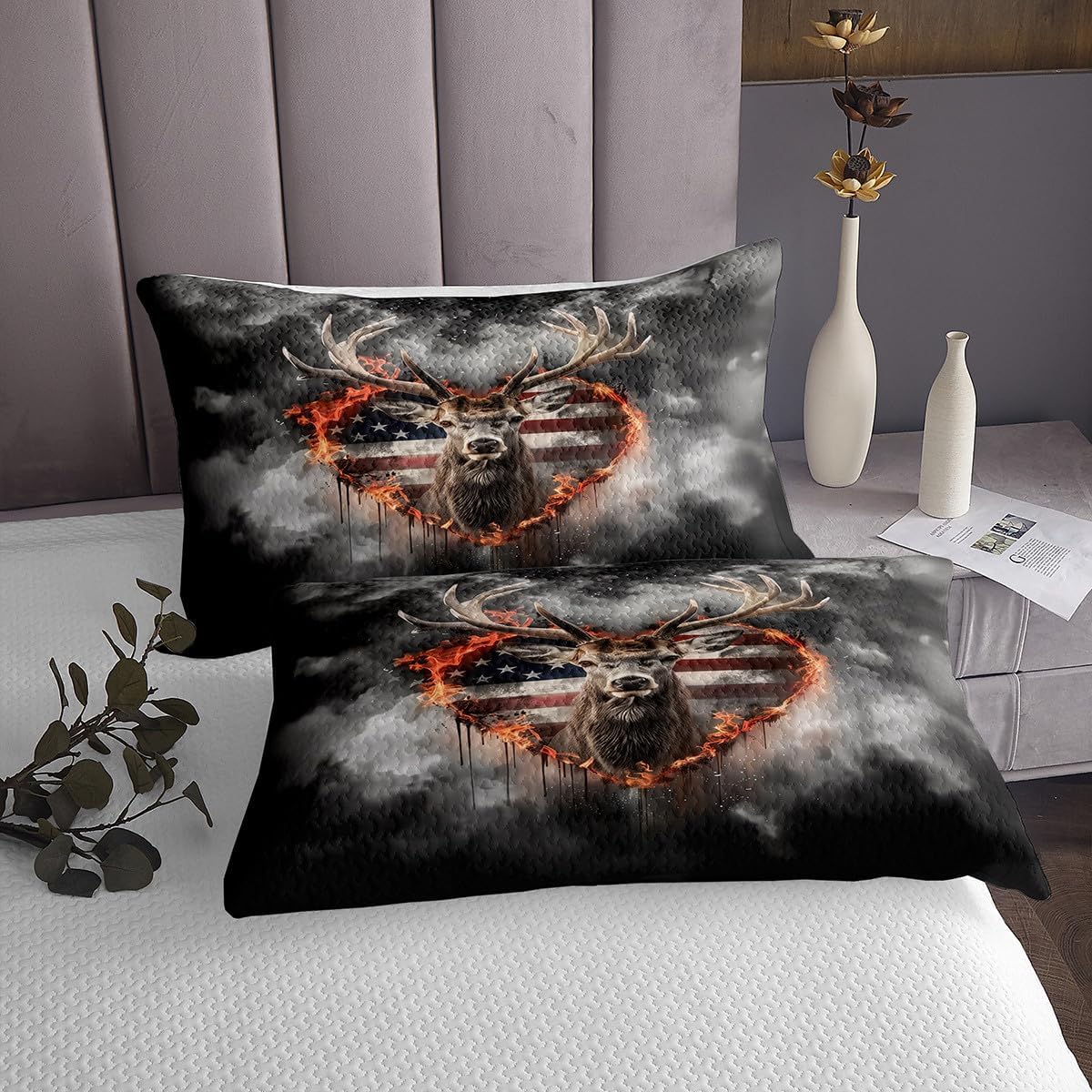 Erosebridal American Flag Quilt Set King for Kids Boys Girls,Deer Hunting Bedspread Sets Rustic Cabin Woodland Animal Coverlet Sets Western Farmhouse Jungle Wildlife Bedding Set