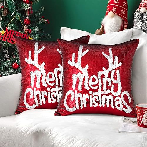 Miniatura 10 de OTOSTAR Juego de 2 fundas de almohada de lentejuelas navideñas de 18 x 18 pulgadas, diseño de copo de nieve de invierno, decoración de lentejuelas