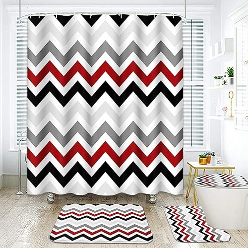 ArtSocket Juego de baño geométrico rojo con cortina de ducha y accesorios de alfombras, cortina de ducha moderna en zigzag rojo gris negro para