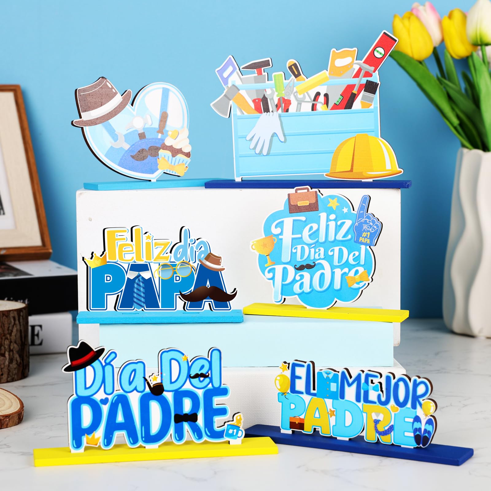 6 PCS Father's Day Spainish WoodenTable Centerpiece Decor Feliz Dia Papa Wood Tabletop Centerpiece Signs for Fathers Day Party Supplies