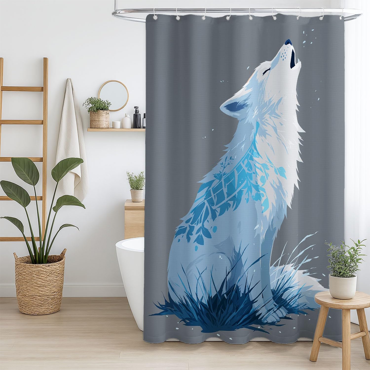 Generico Zasłona prysznicowa 200 x 200 cm, 1 sztuka, miękka mikrofibra, wodoodporna i odporna na pleśń, zmywalna, do łazienki lub wanny, z oczkami i haczykami, szary, wilk ze zwierzętami
