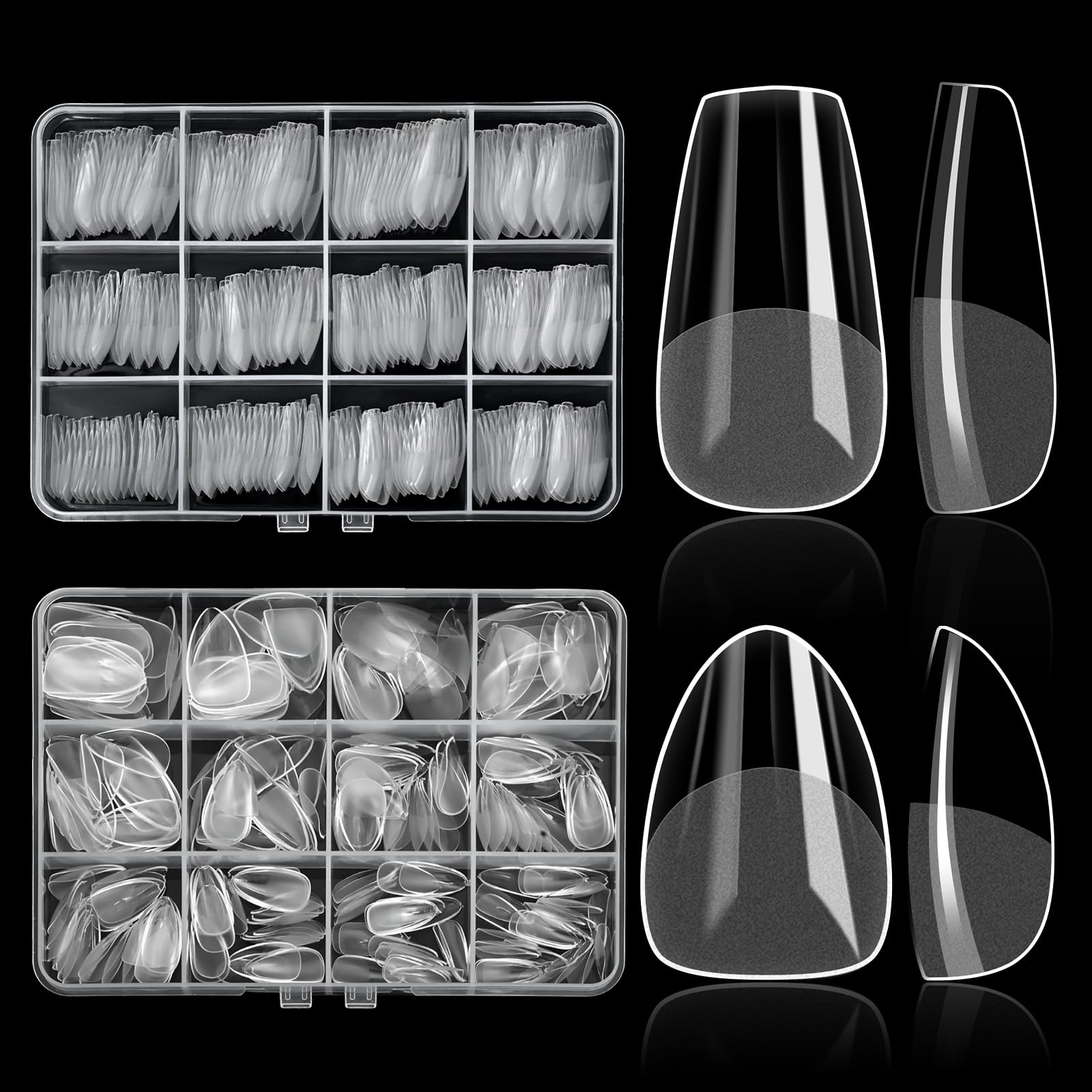 480PCS Nail Tips Clear False Nails Full Cover for Acrylic Fake Nails Kit 12 Sizes 2 Shapes Short Almond Coffin Pre-Shape for Salon Home DIY Gifts
