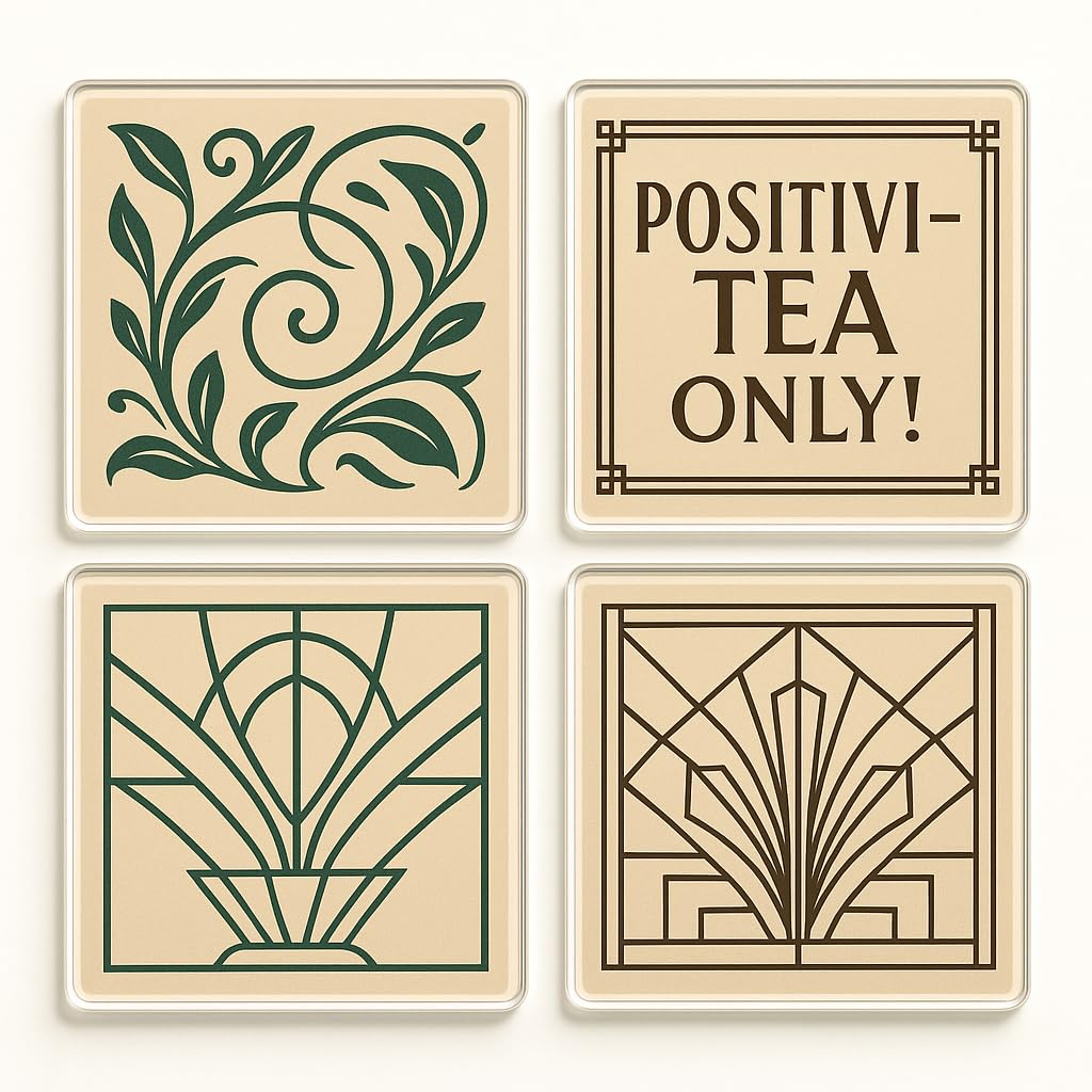 The Plum Penguin Tea Time Elegance Acrylic Coaster Gift Set Of 4 With Art Deco Tea Lover Designs - Elegant Humorous Home Decor For Millennial Gifts