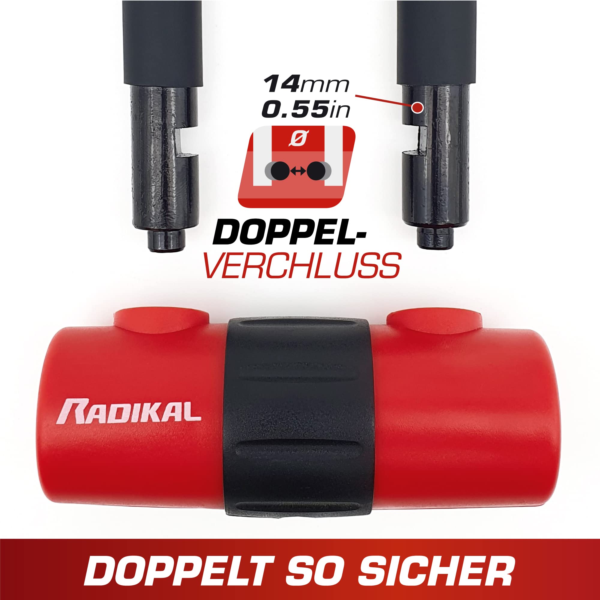 RADIKAL RK72120L Diebstahlsicherung Motorrad 2 in 1 Doppelfunktion Kettenschlaufe 120 cm und Mini U Bügelschloss 14mm Bremsscheibenschloss