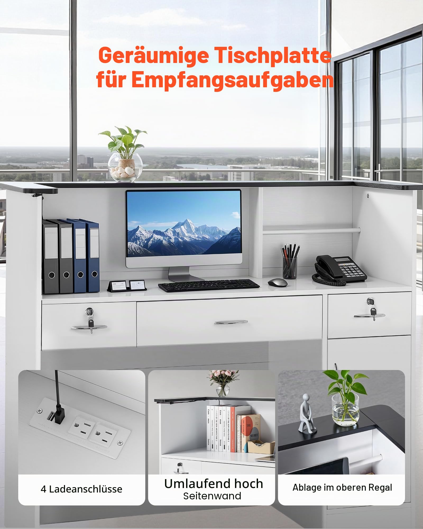 VEVOR Empfangstheke 127,5 cm Lang, Rechteckige Rezeptionstheke mit Lichtleiste & 3 Schubladen & Stauschränken, Empfangstresen für Kasse Lobby Schönheitssalon Büro Hotel, Verkaufstheke Bürotheke